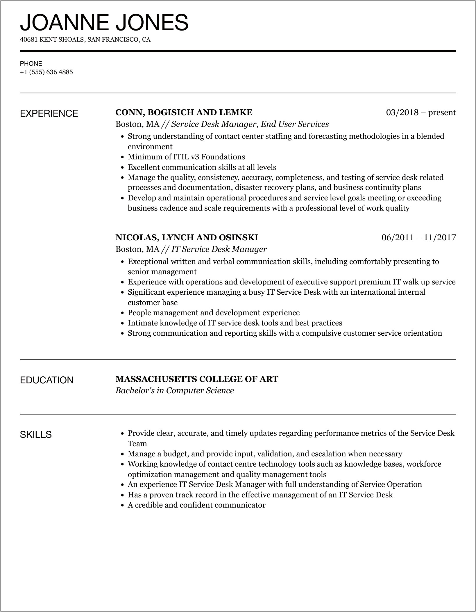 Sample Service Desk Manager Resume