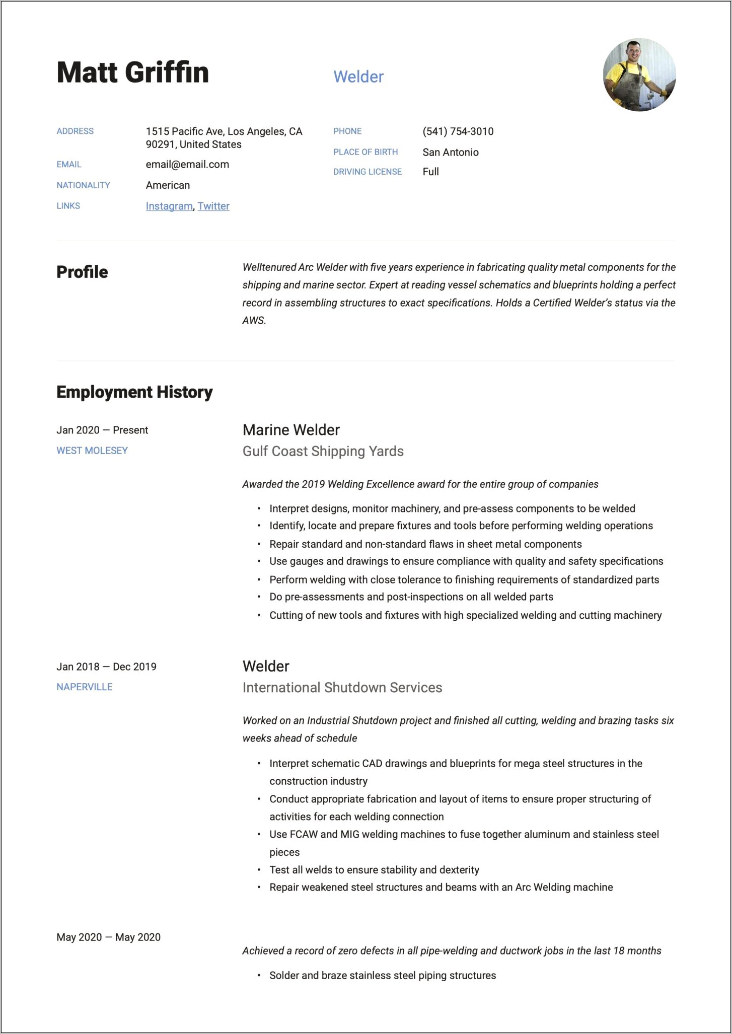 Sample Sheet Metal Worker Resume