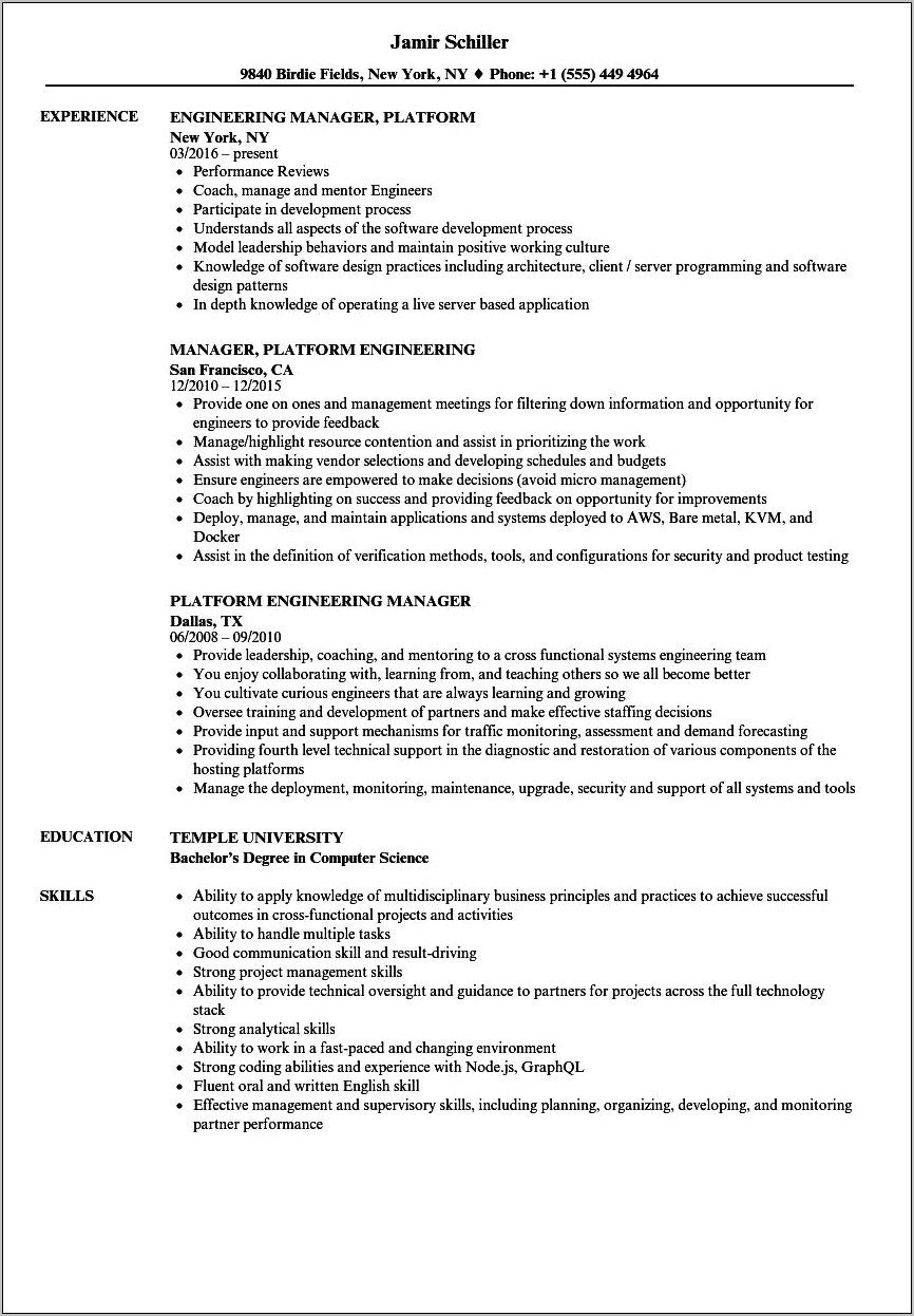 Sample Software Engineering Manager Resume