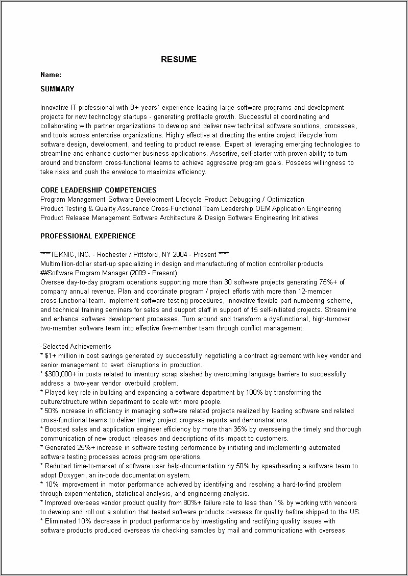 Sample Software Engineering Manager Resumes