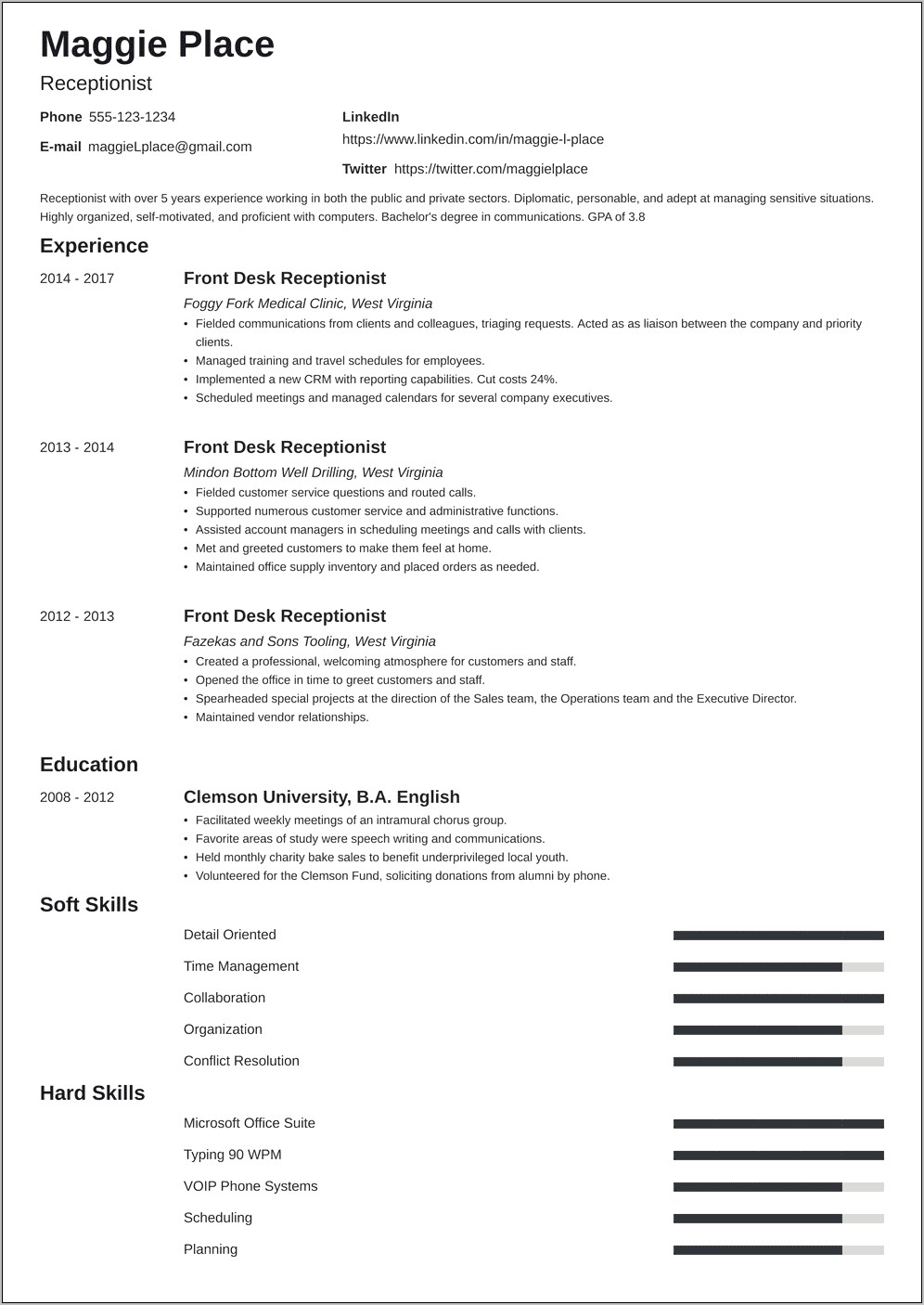 Sample Summary For Resume Receptionist