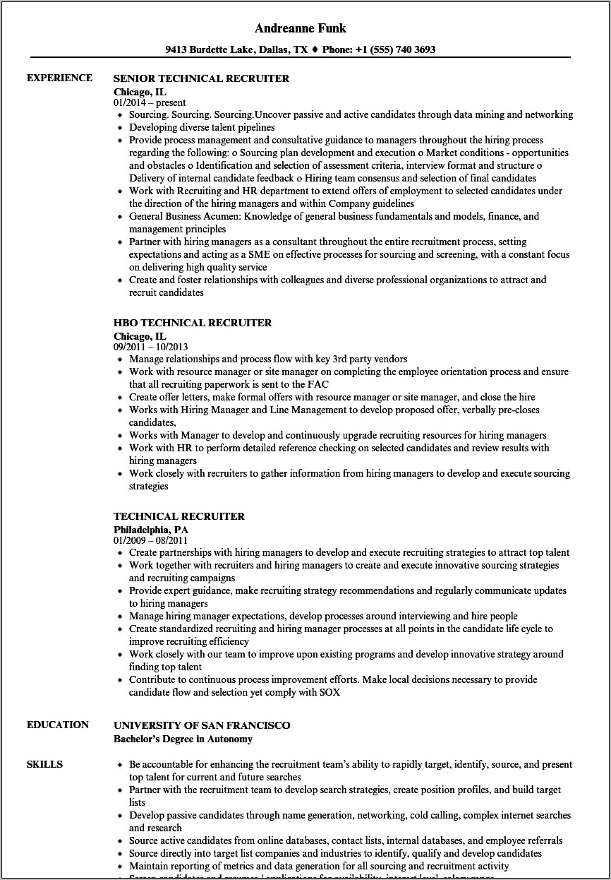 Sample Technical Contract Recruiter Resume