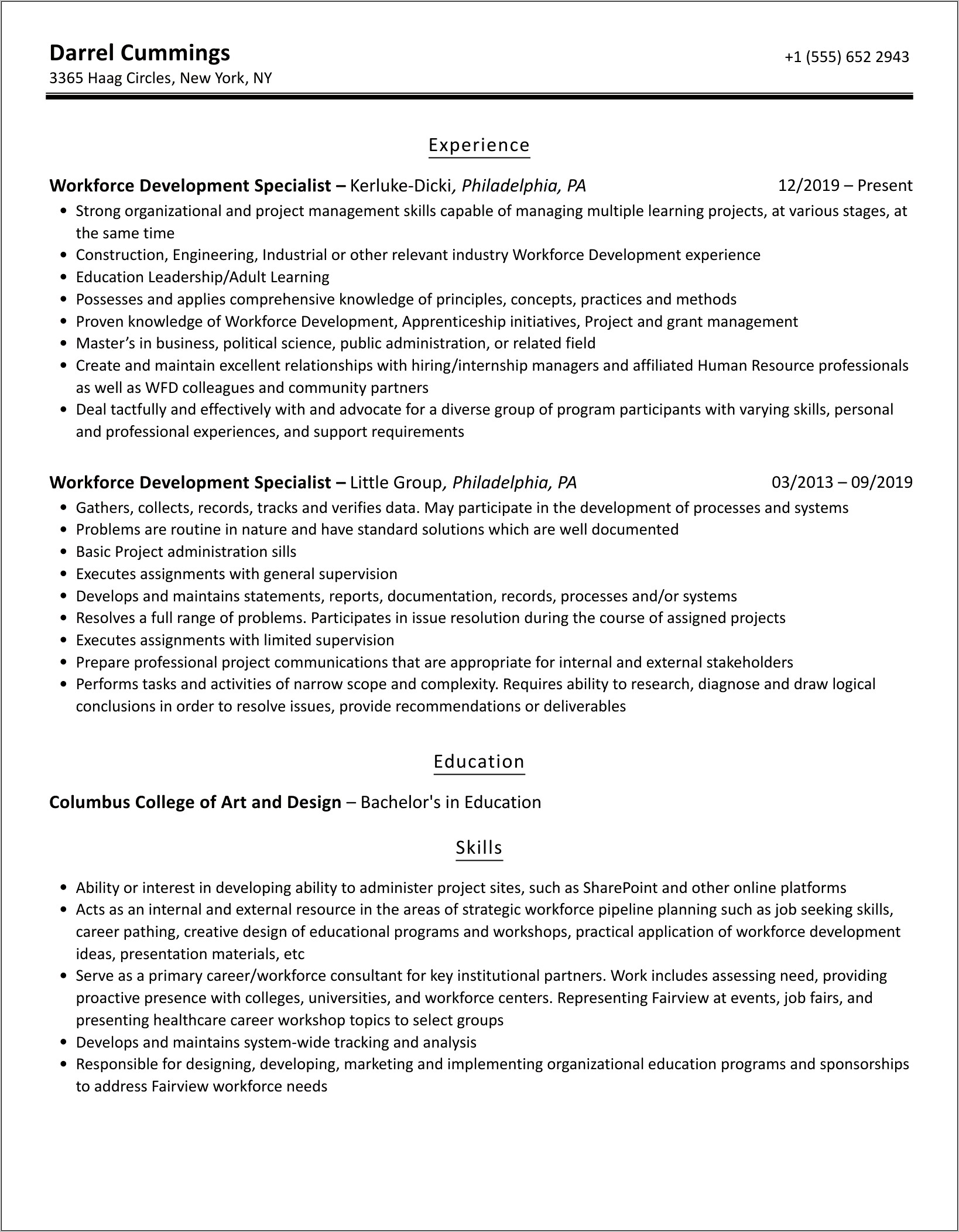 Sample Workforce Development Specialist Resume