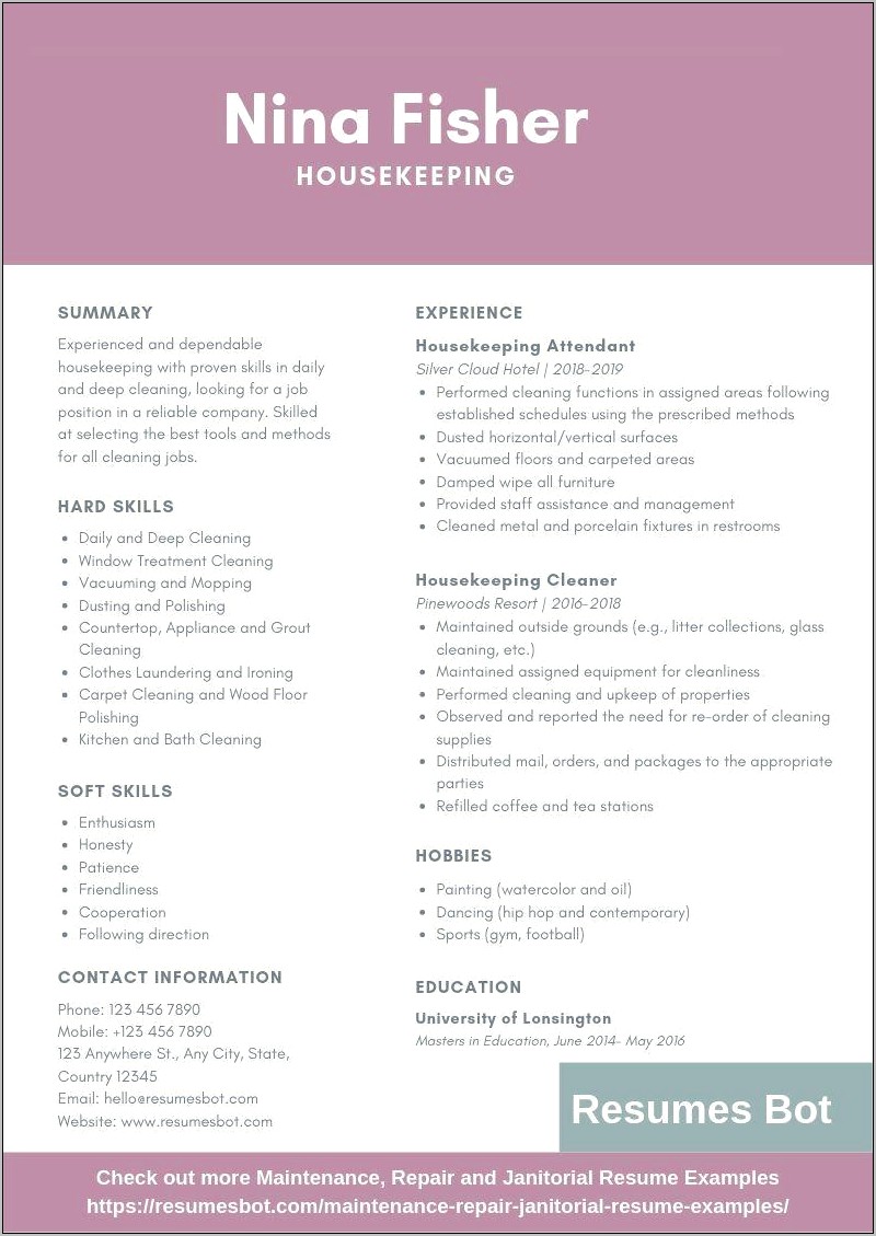Samples Of A Houskeeper Resume