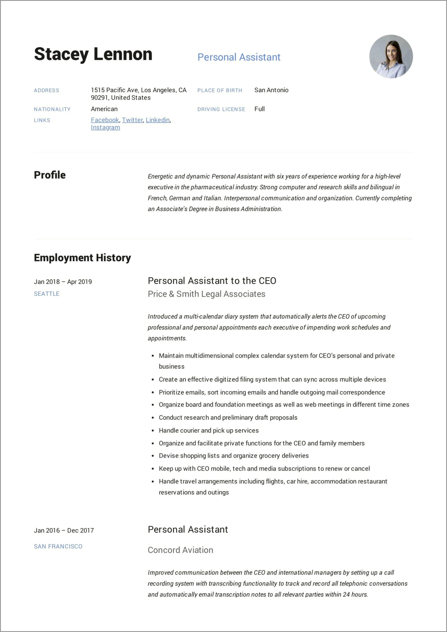 Samples Of Personal Assistant Resume