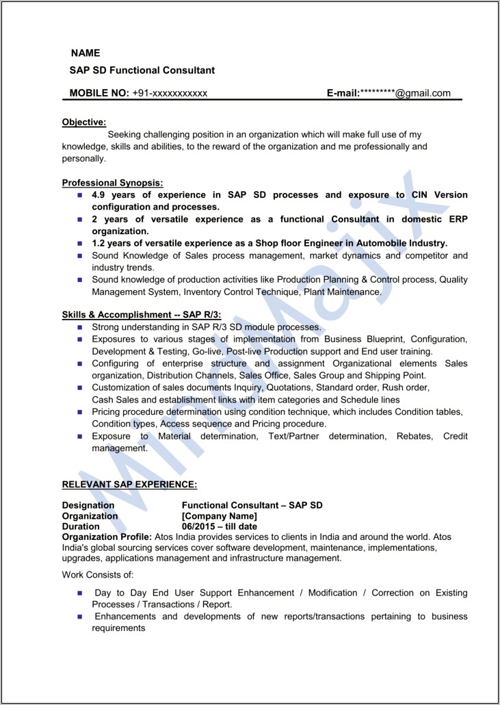 Sap Implementation Consultant Sample Resume