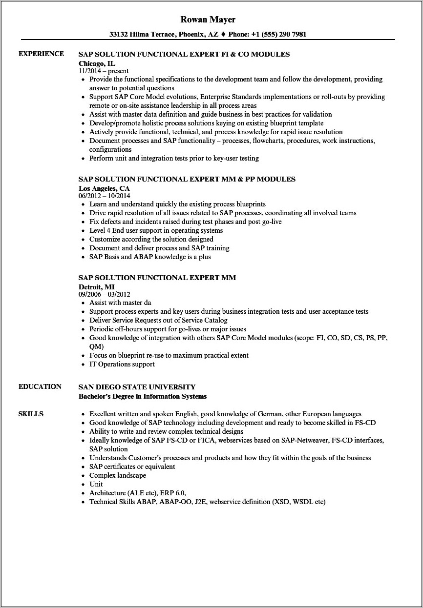 Sap Project Systems Sample Resume
