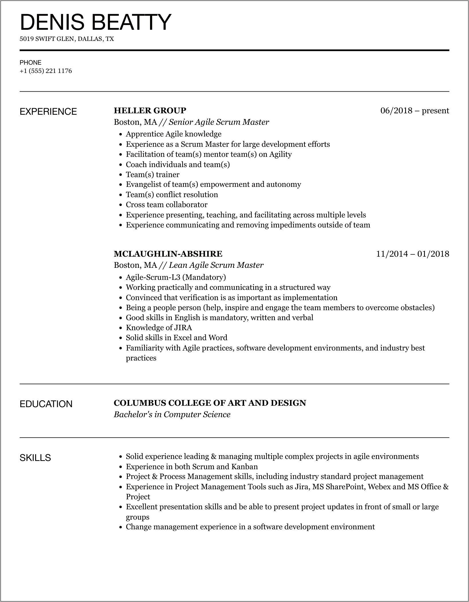 Scrum Master Job Description Resume