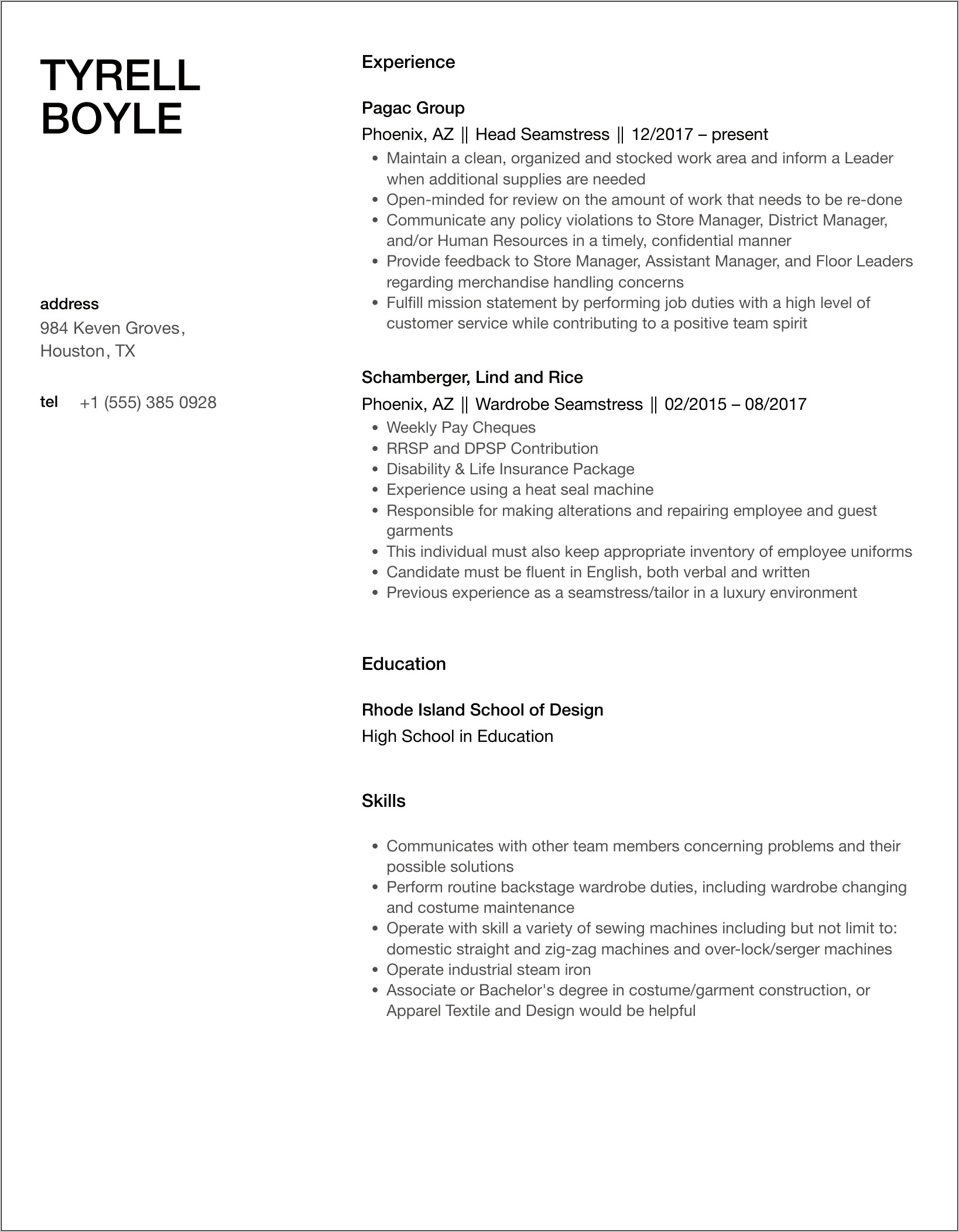 Seamstress Job Description For Resume