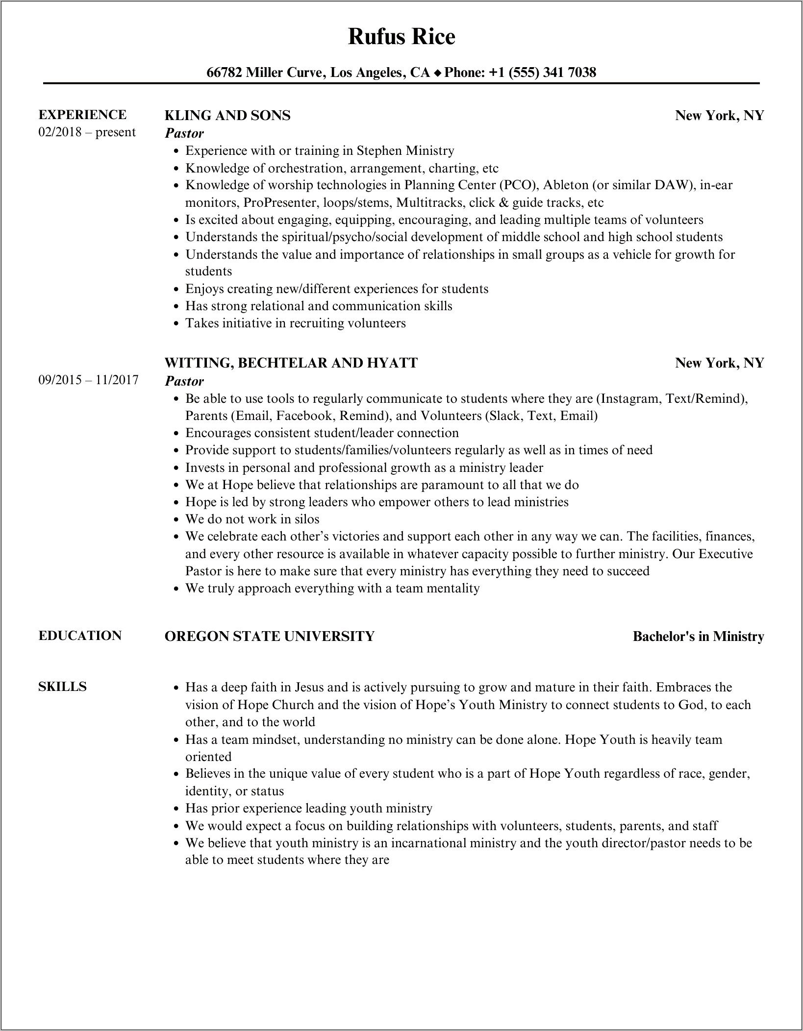 Second Career Pastor Resume Examples