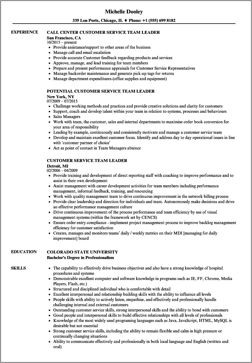 Section Leader Job Description Resume