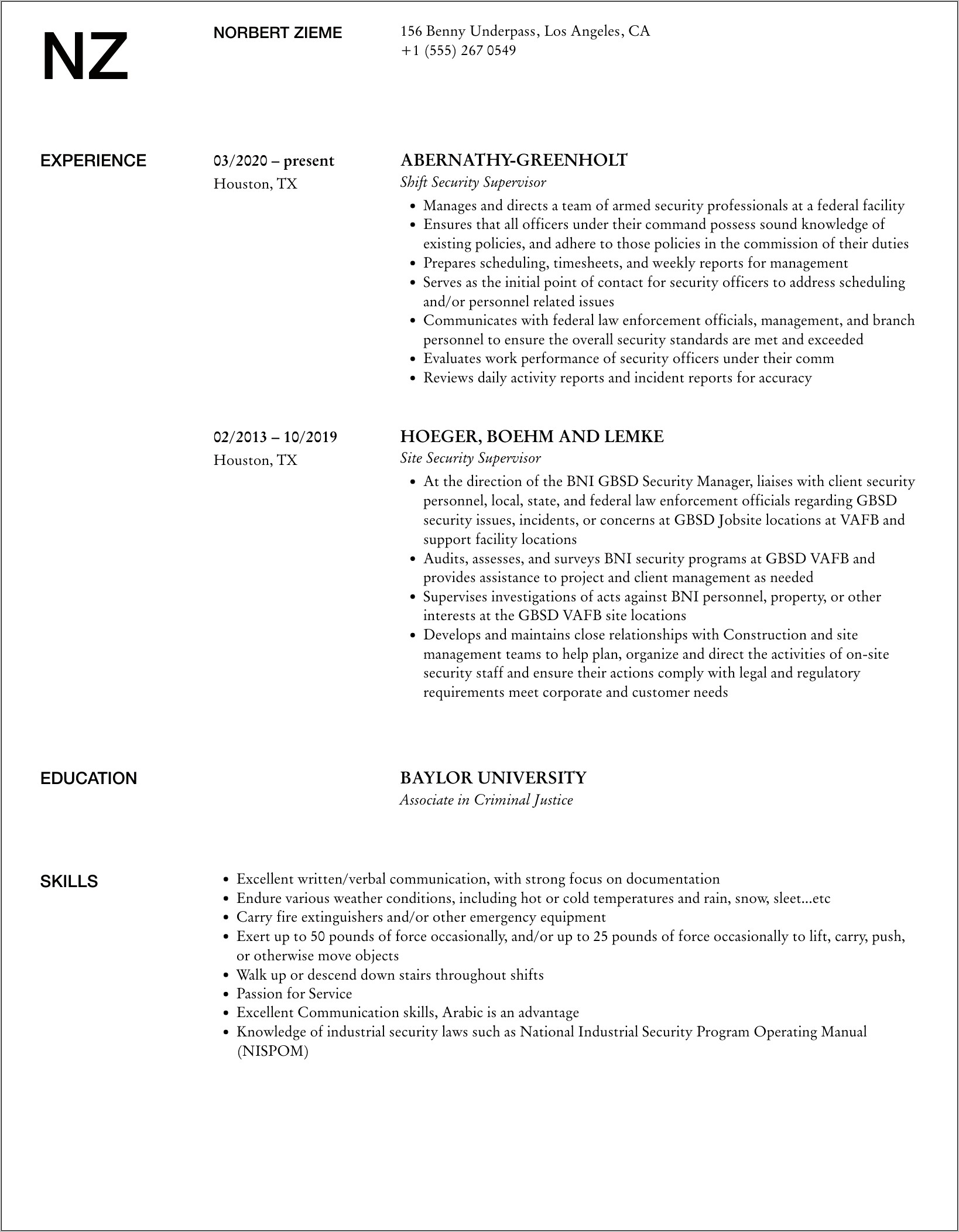Security Supervisor Job Description Resume