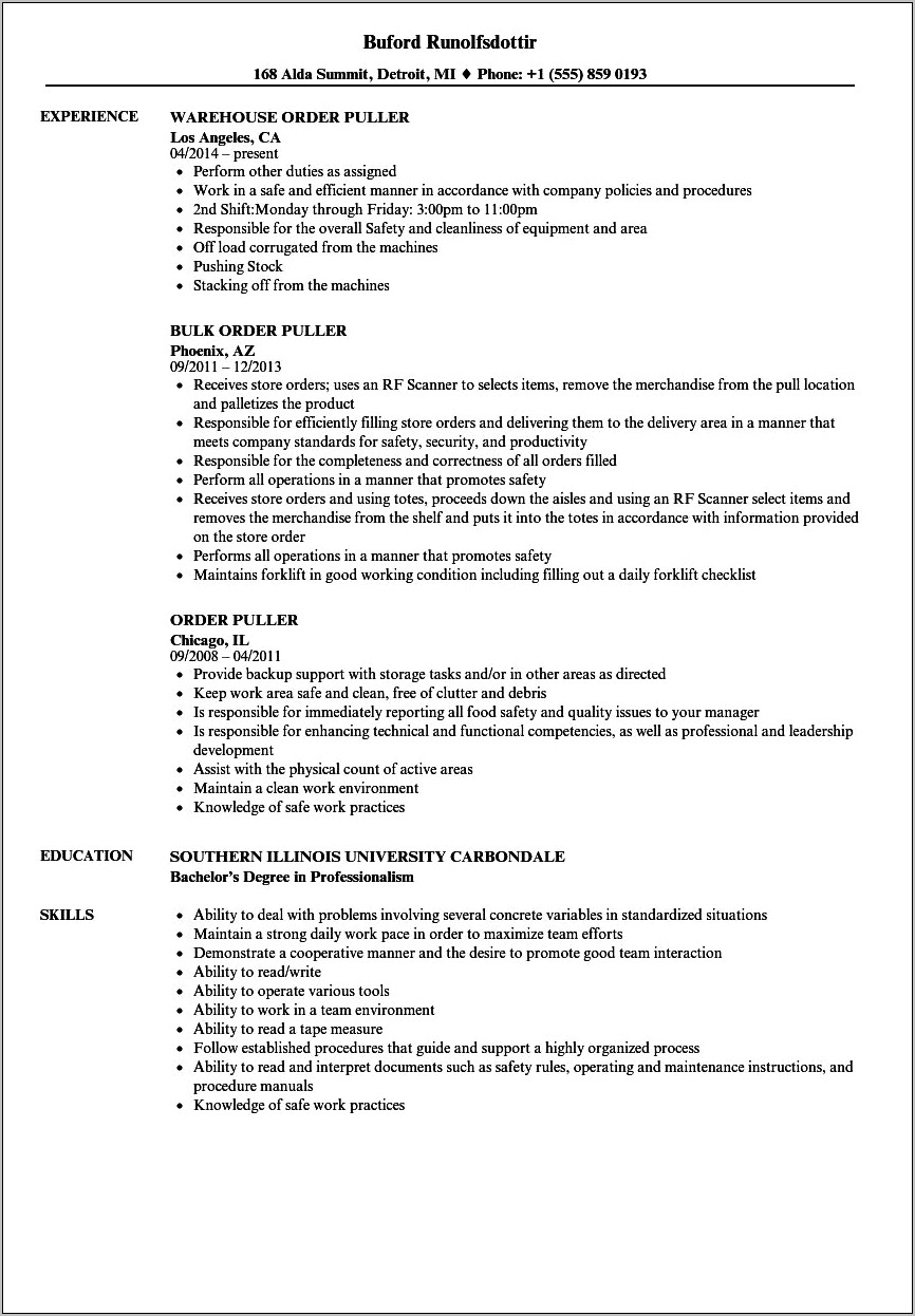 Selector Job Description For Resume