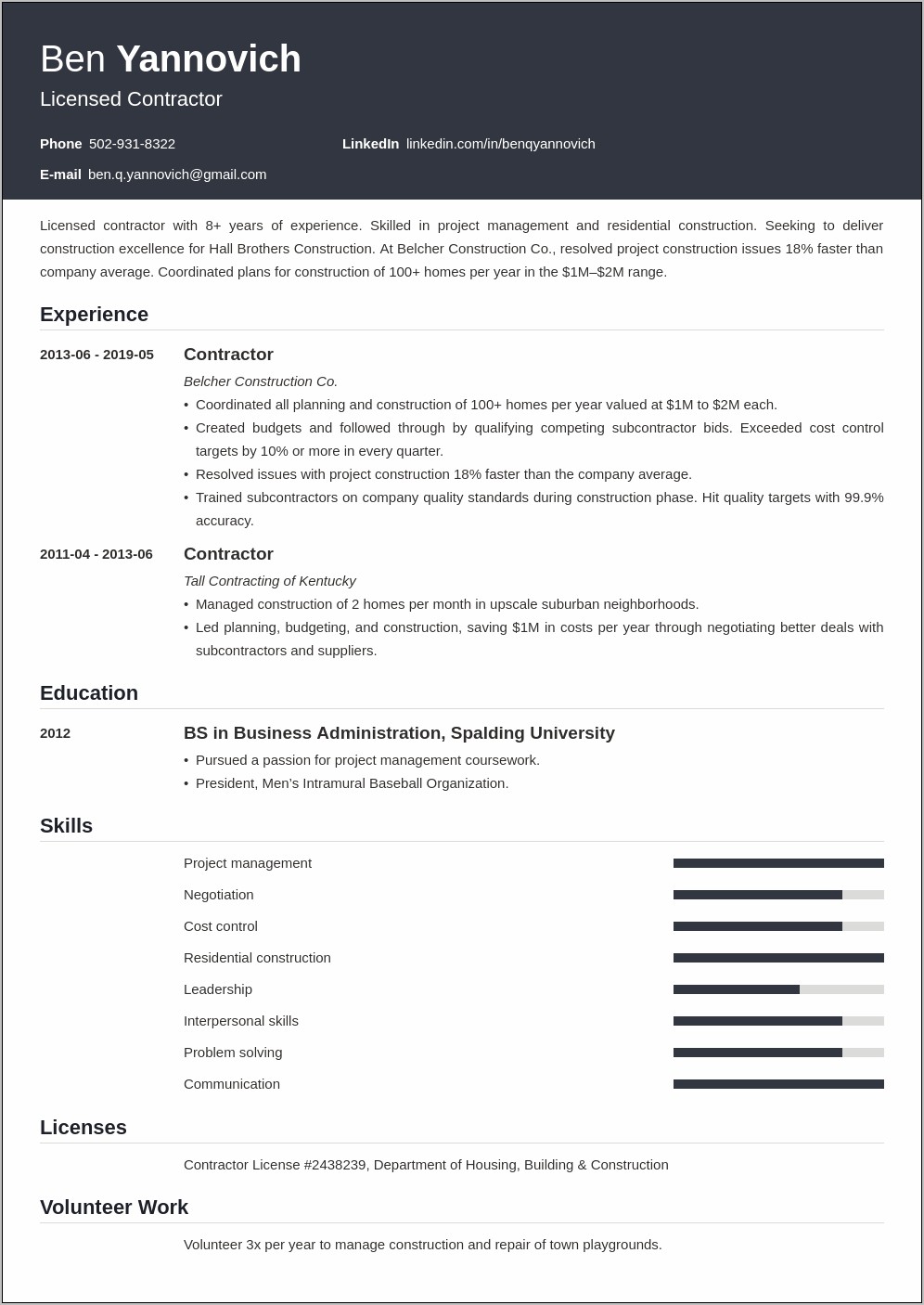 Self Employed Contractor Resume Examples