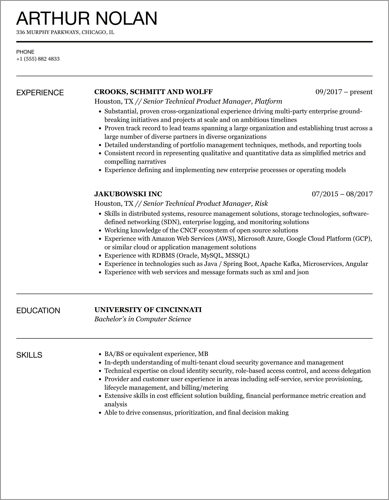 Senior Product Manager Sample Resume