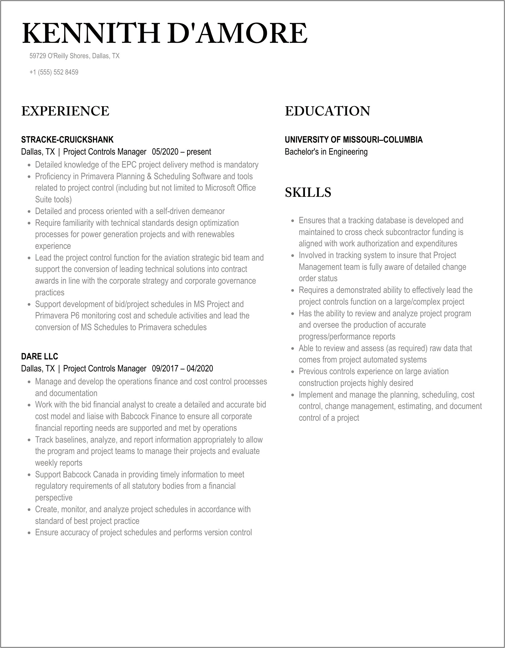 Senior Project Controls Manager Resume