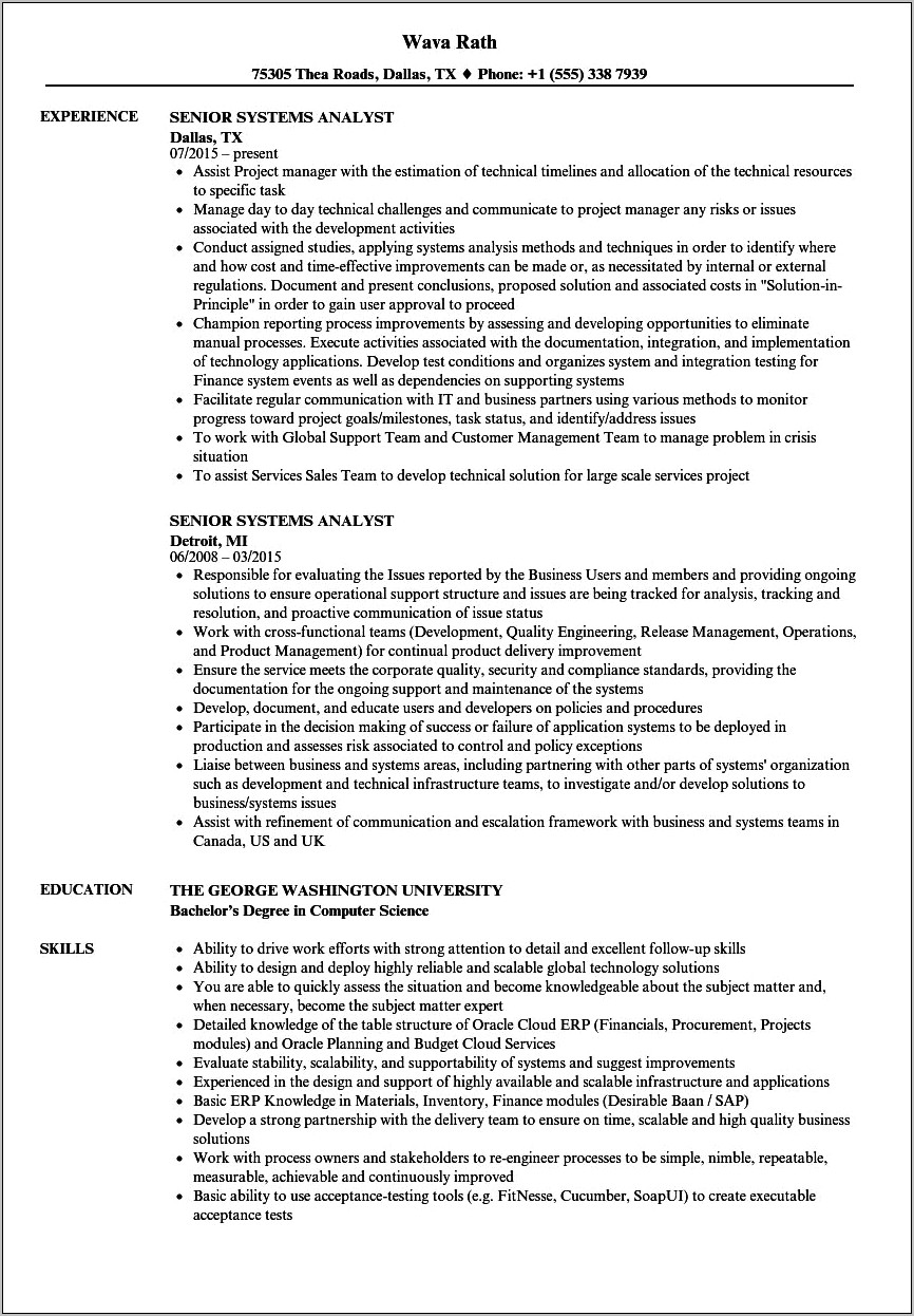 Senior Systems Analyst Resume Examples