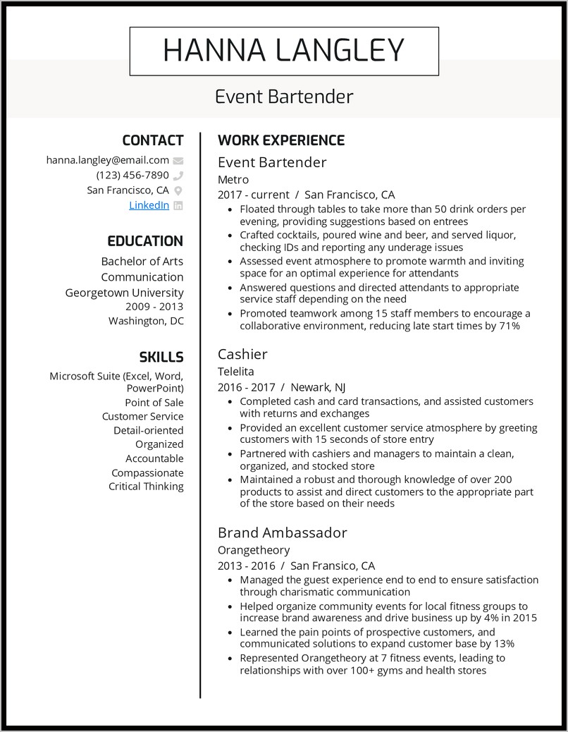 Server And Bartender Resume Example