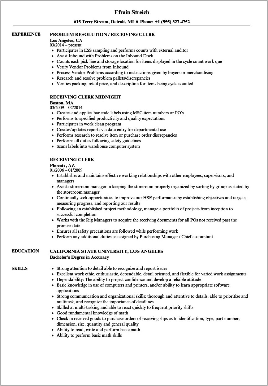 Shipping And Receiving Resume Sample