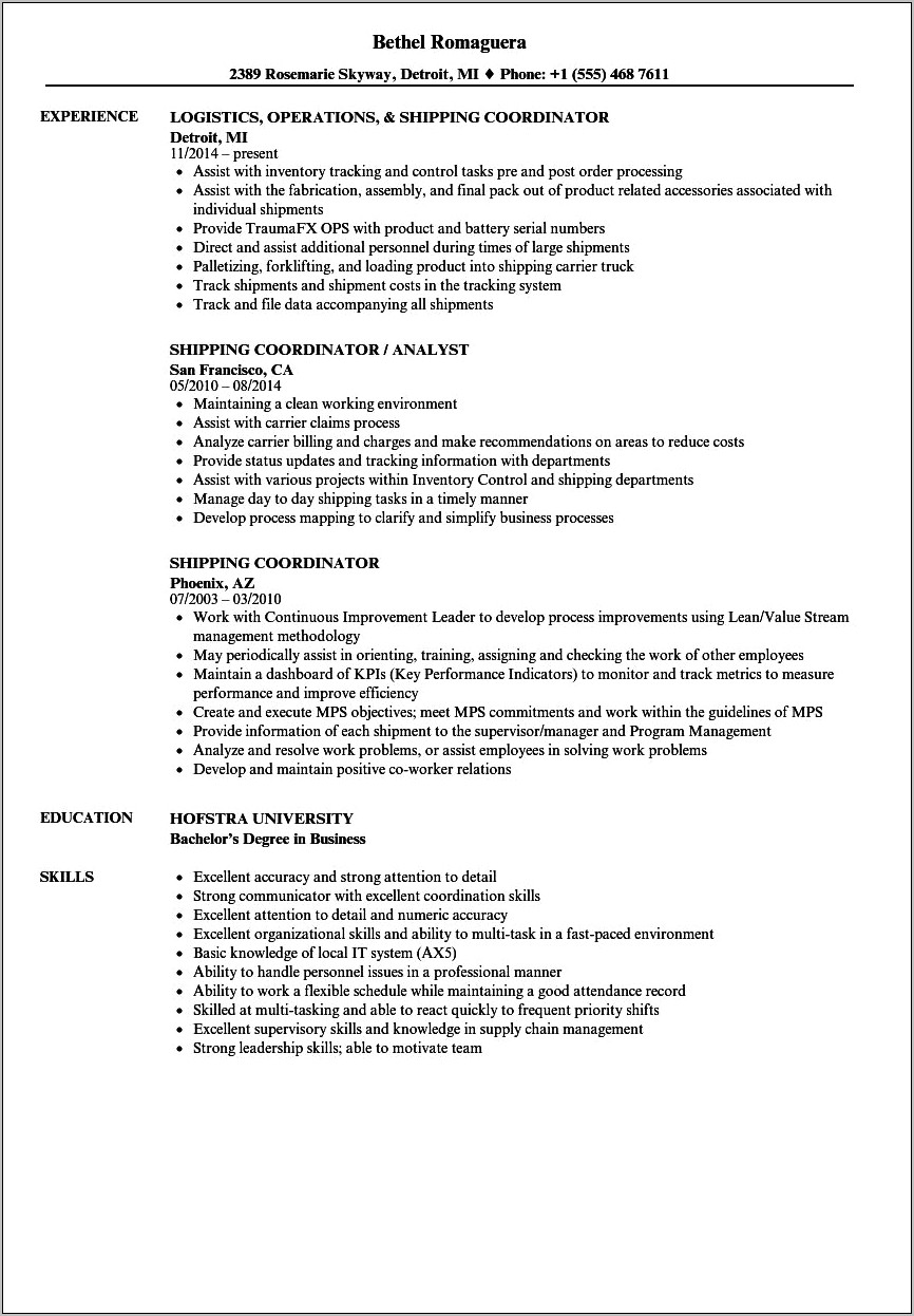 Shipping Coordinator Job Description Resume