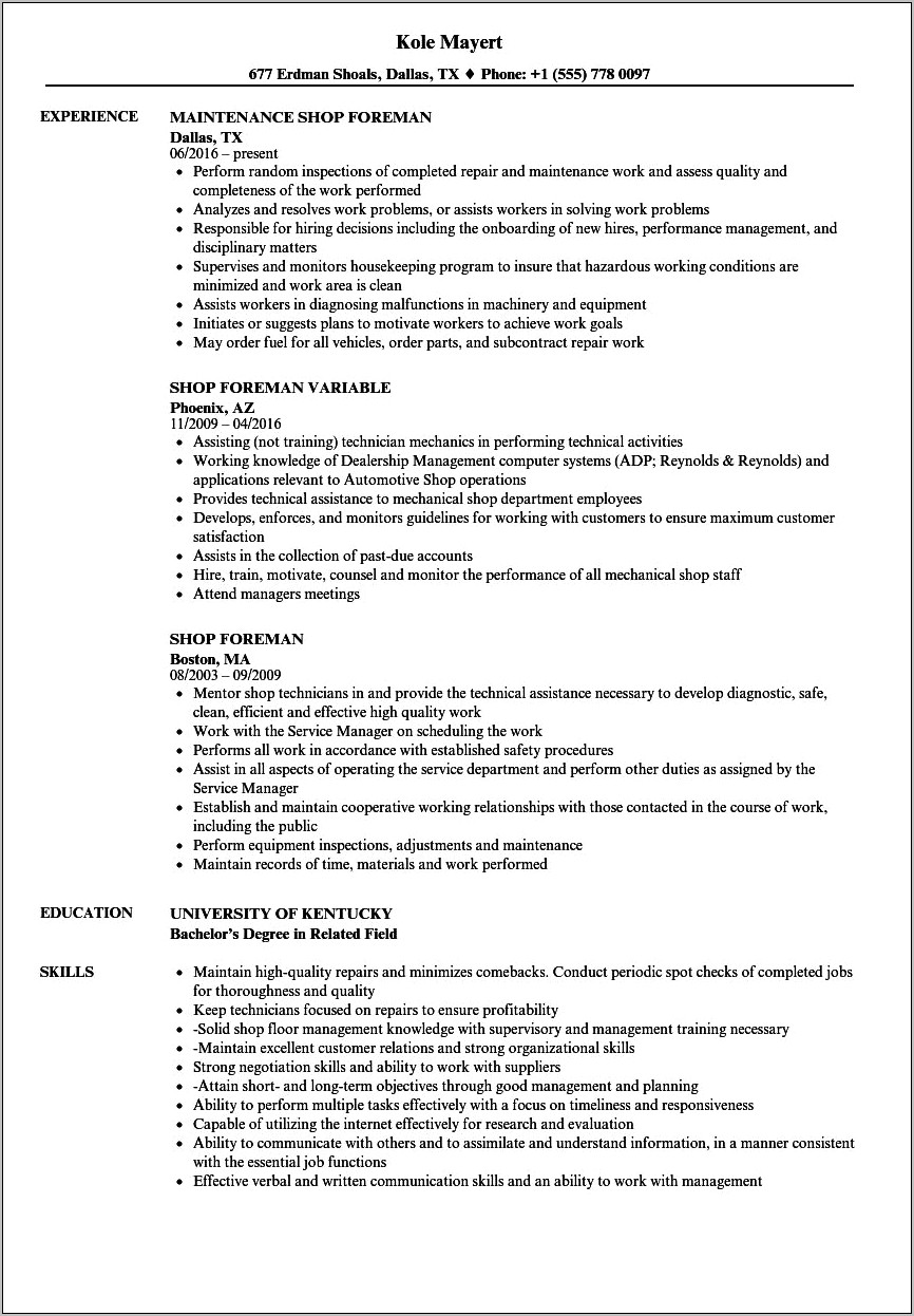 Shop Foreman Job Description Resume