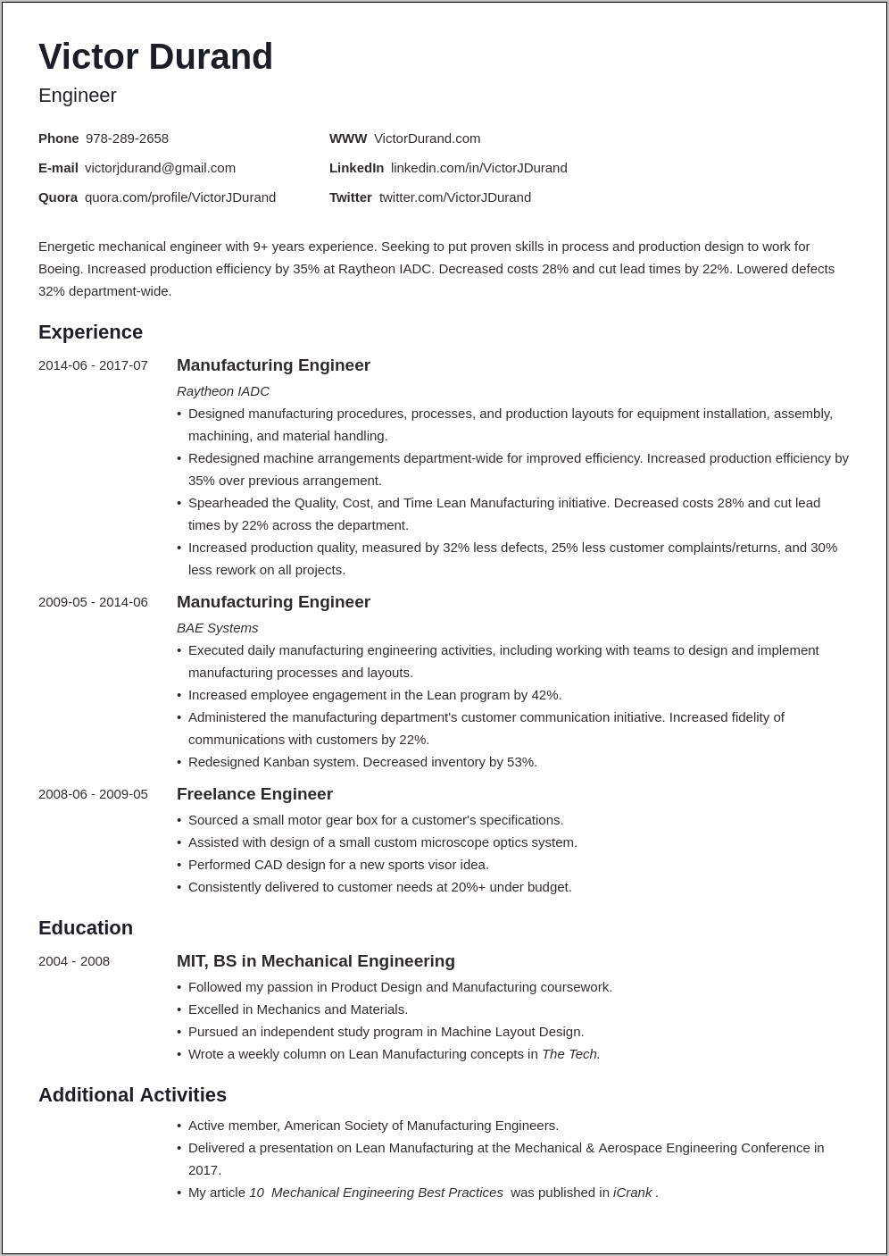 Short Resume Summary Examples Engineer