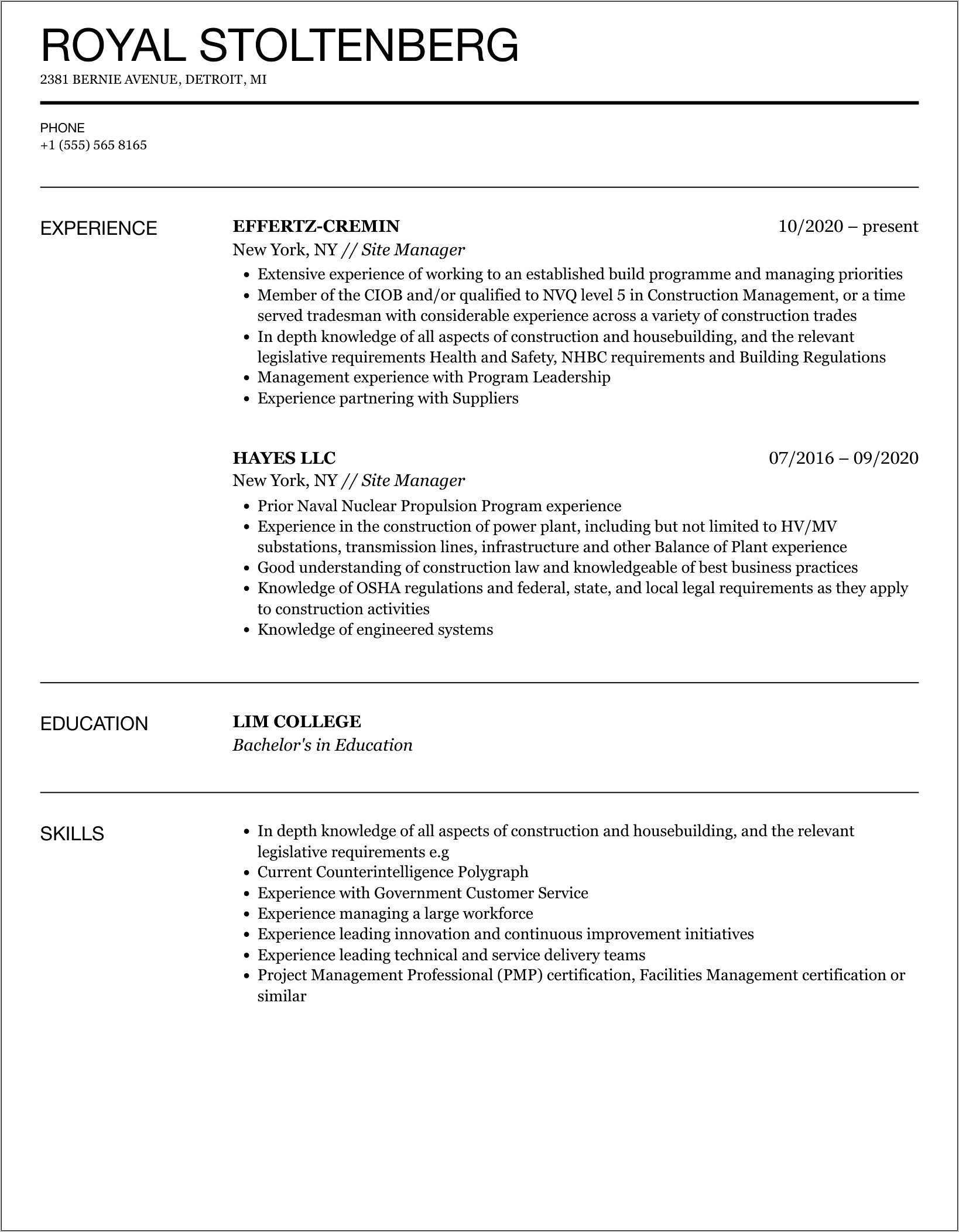 Site Manager Group Home Resume