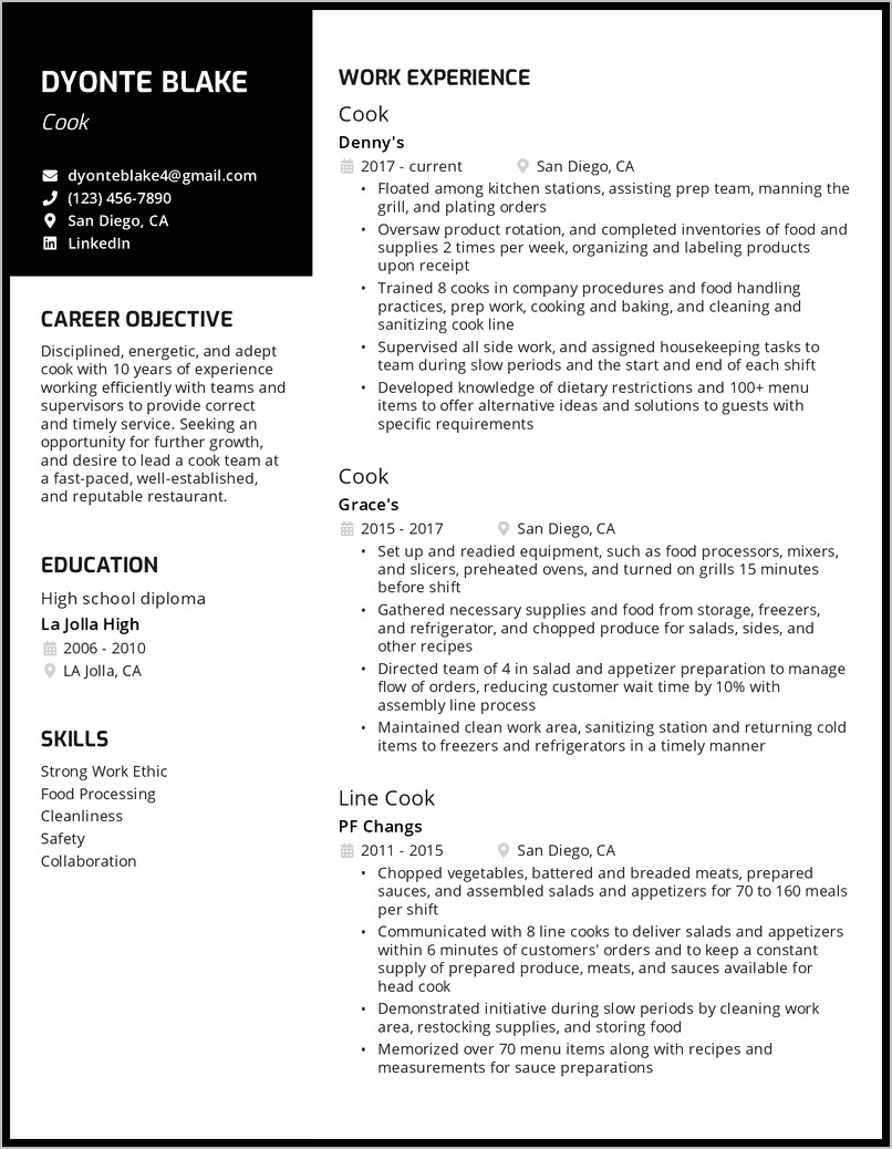 Skills For A Cook Resume