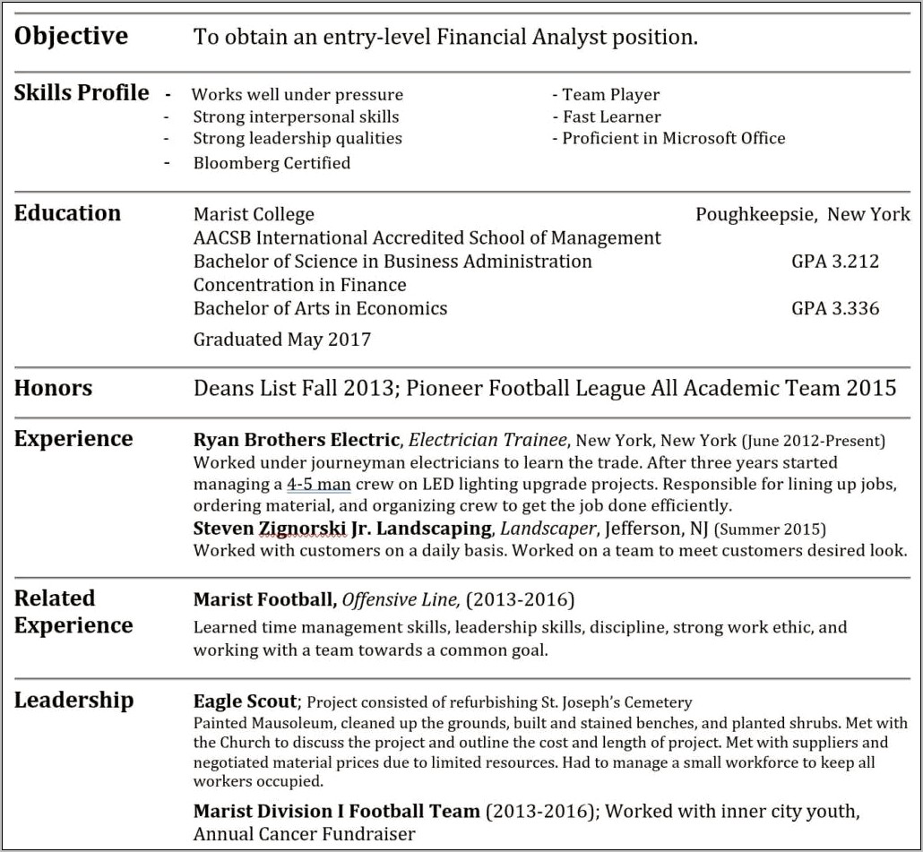 Skills For Finance Resume Intern