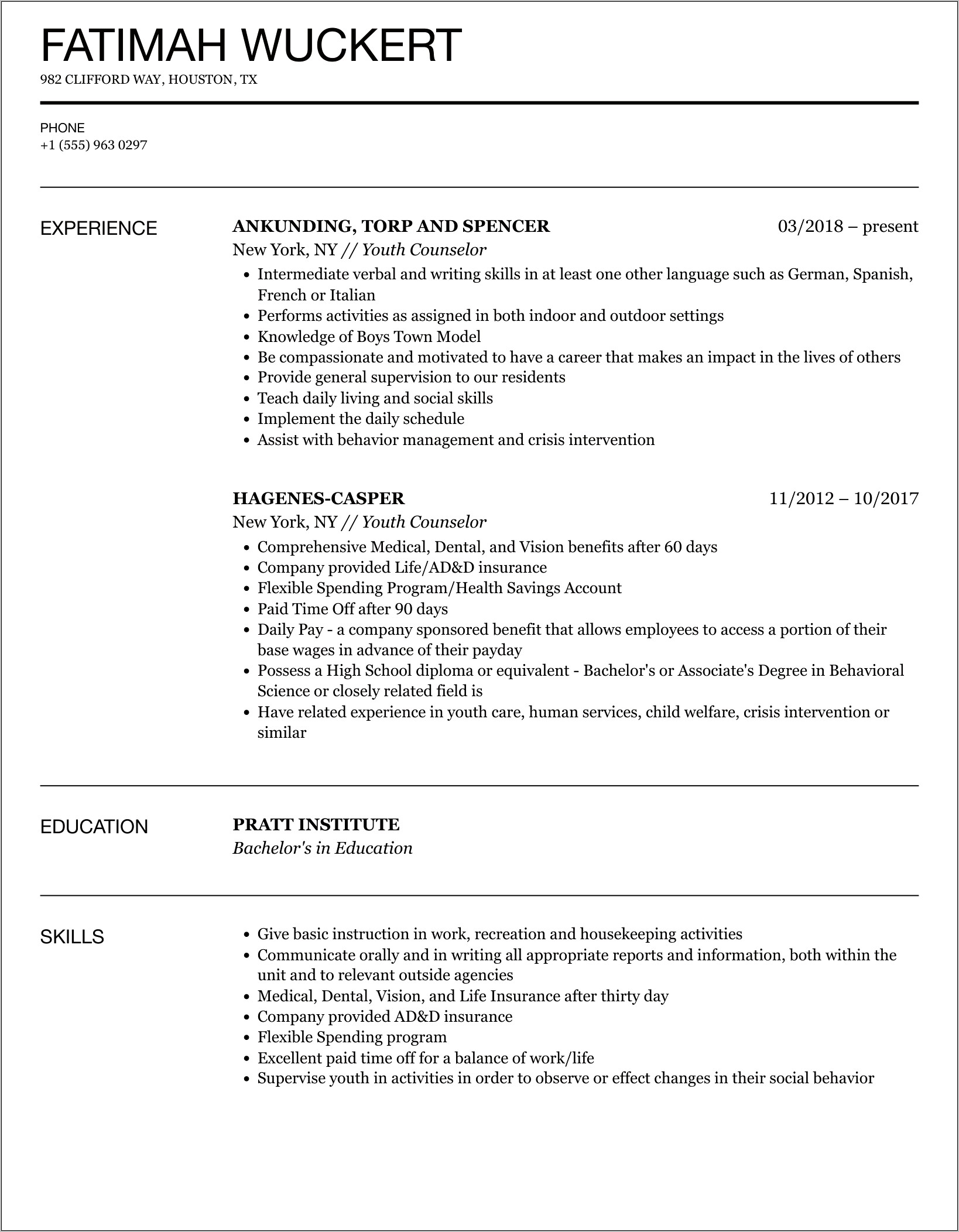 Skills For School Counseling Resume