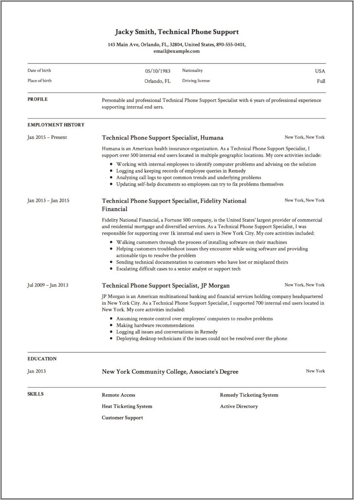 Sling Tech Support Example Resume