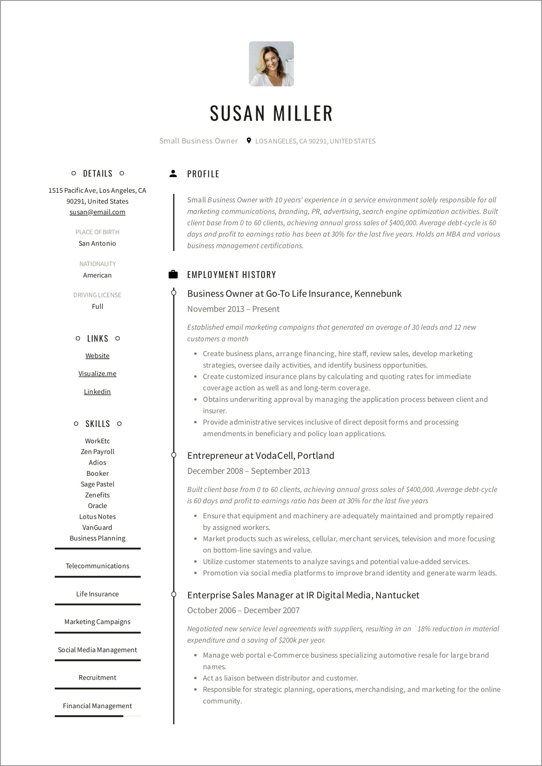 Small Business Owner Resume Examples
