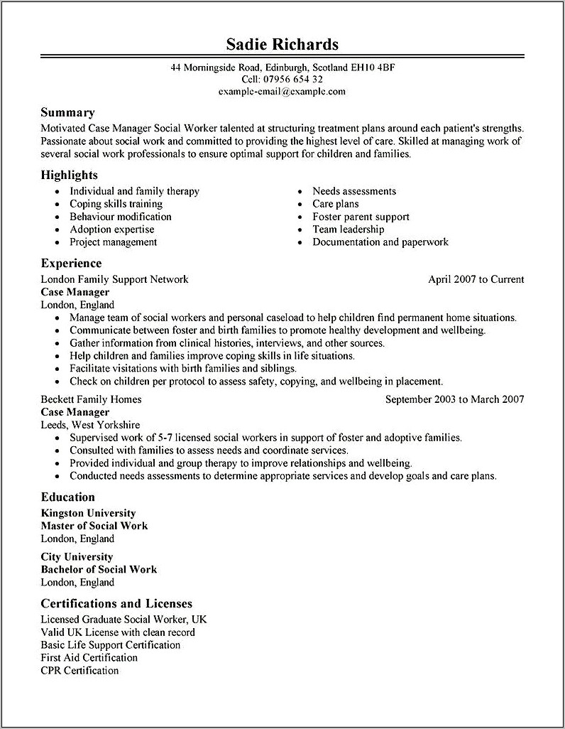 Social Services Case Manager Resume