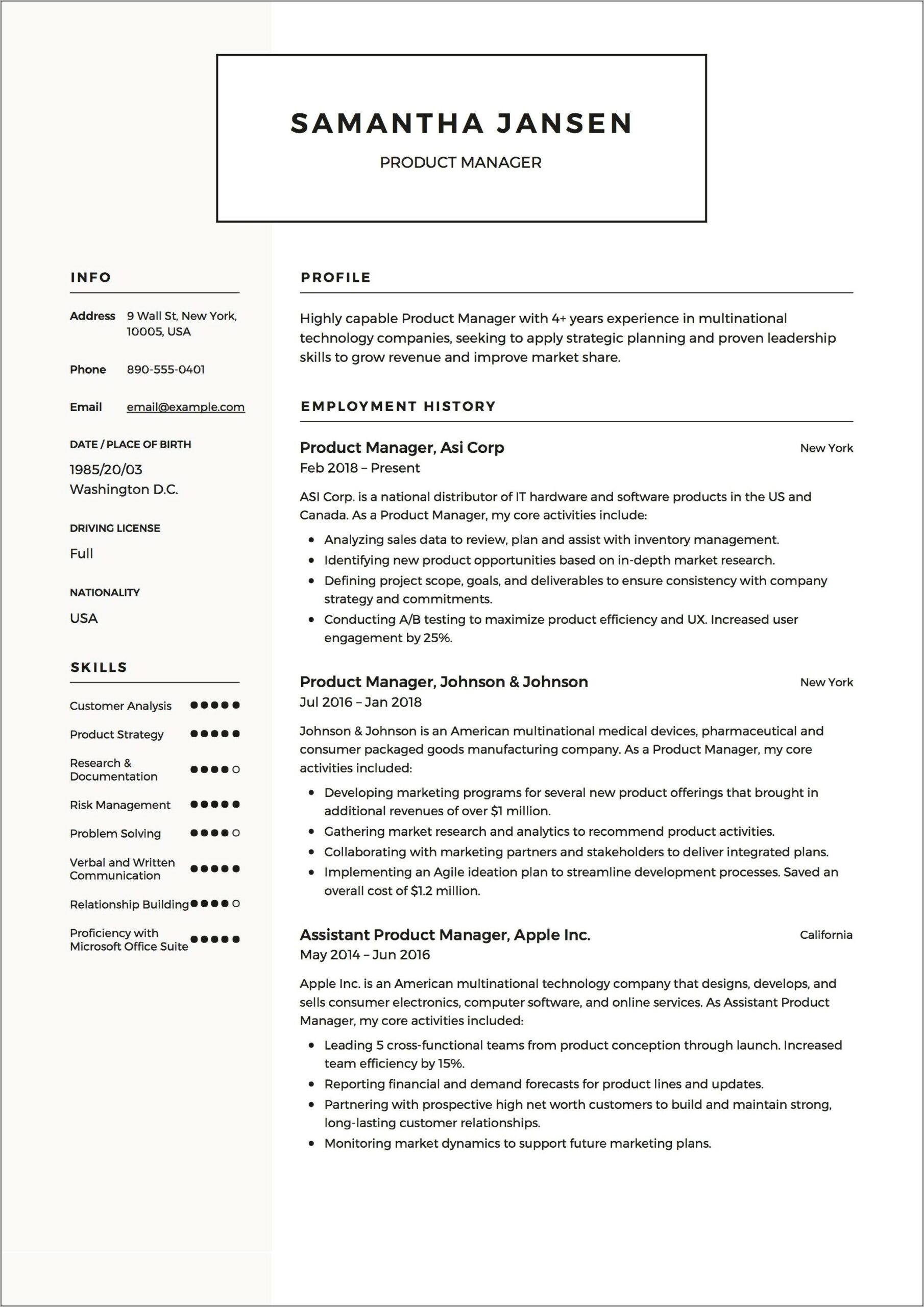 Software Product Manager Resume Example