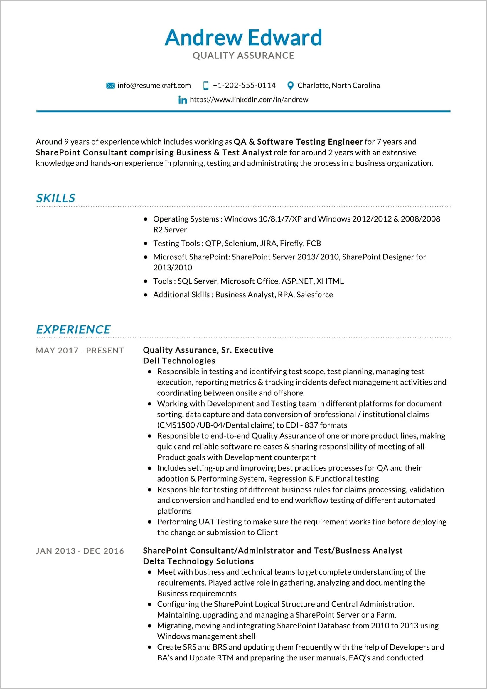 Software Quality Analyst Resume Sample