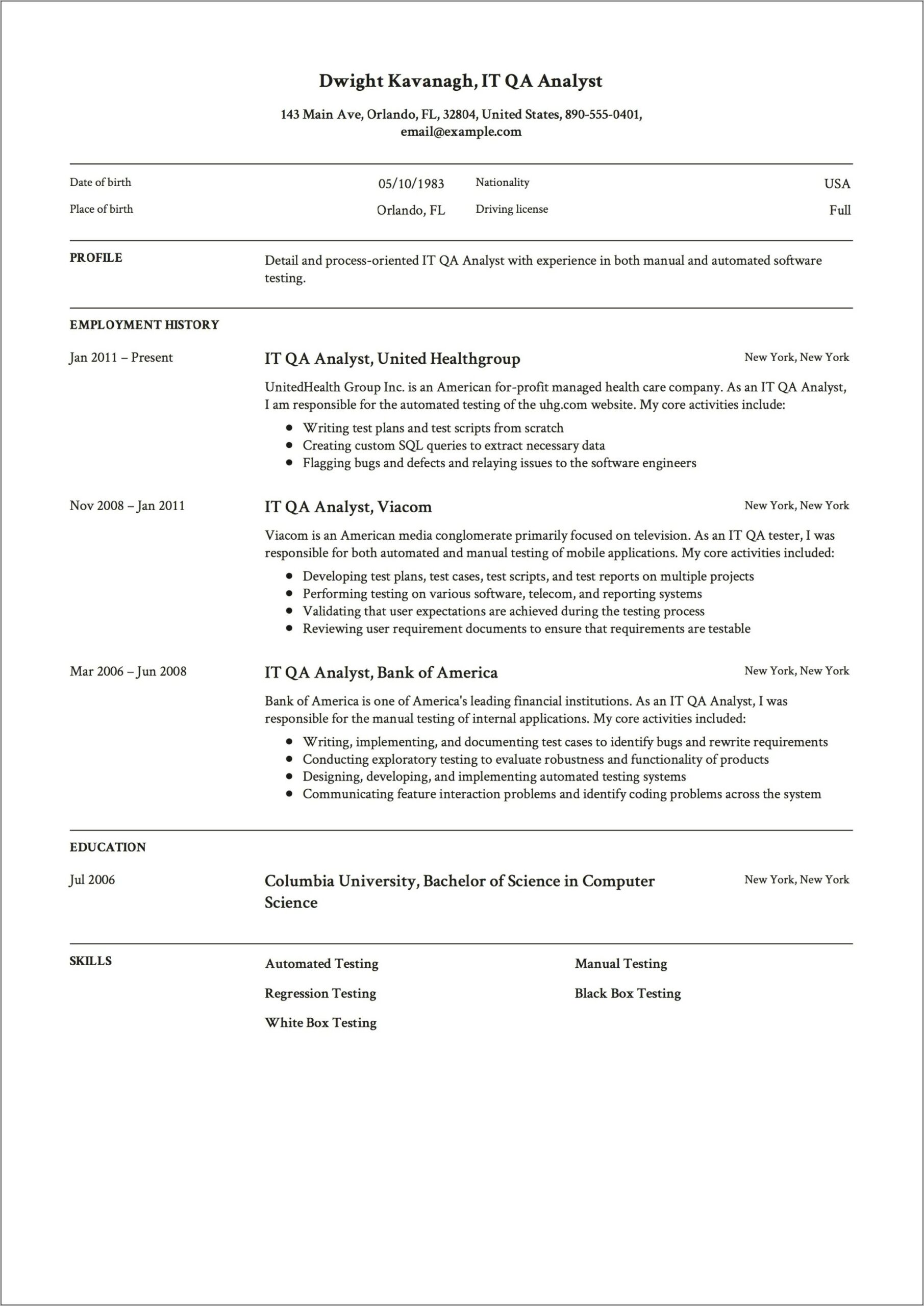 Software Quality Assurance Resume Examples