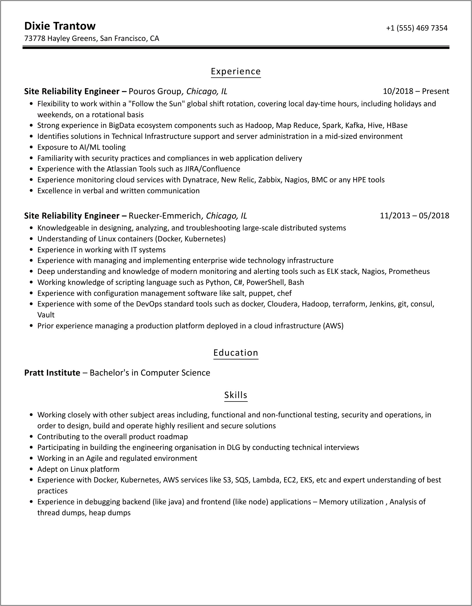 Software Reliability Engineer Resume Example