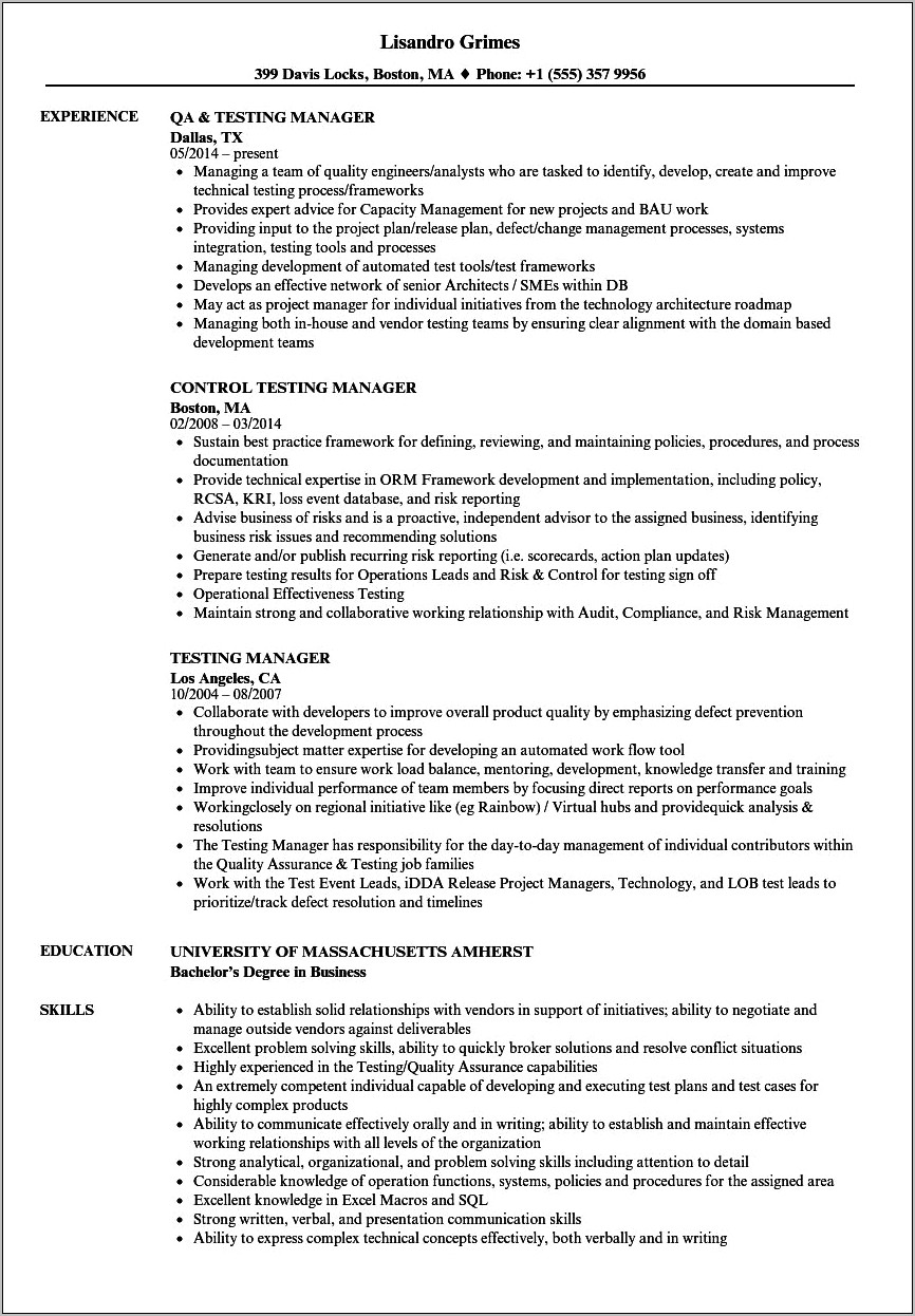 Software Testing Project Manager Resume