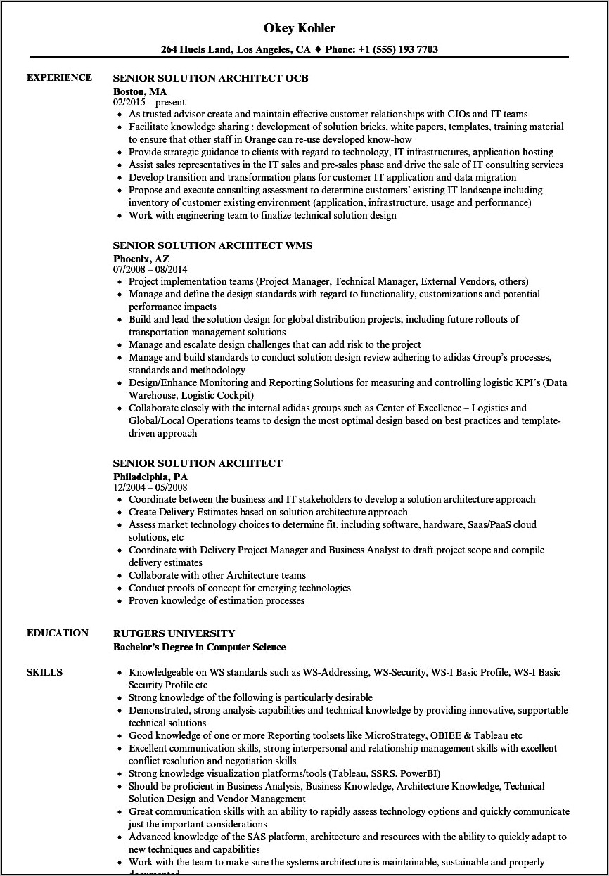 Solutions Architect Job Description Resume