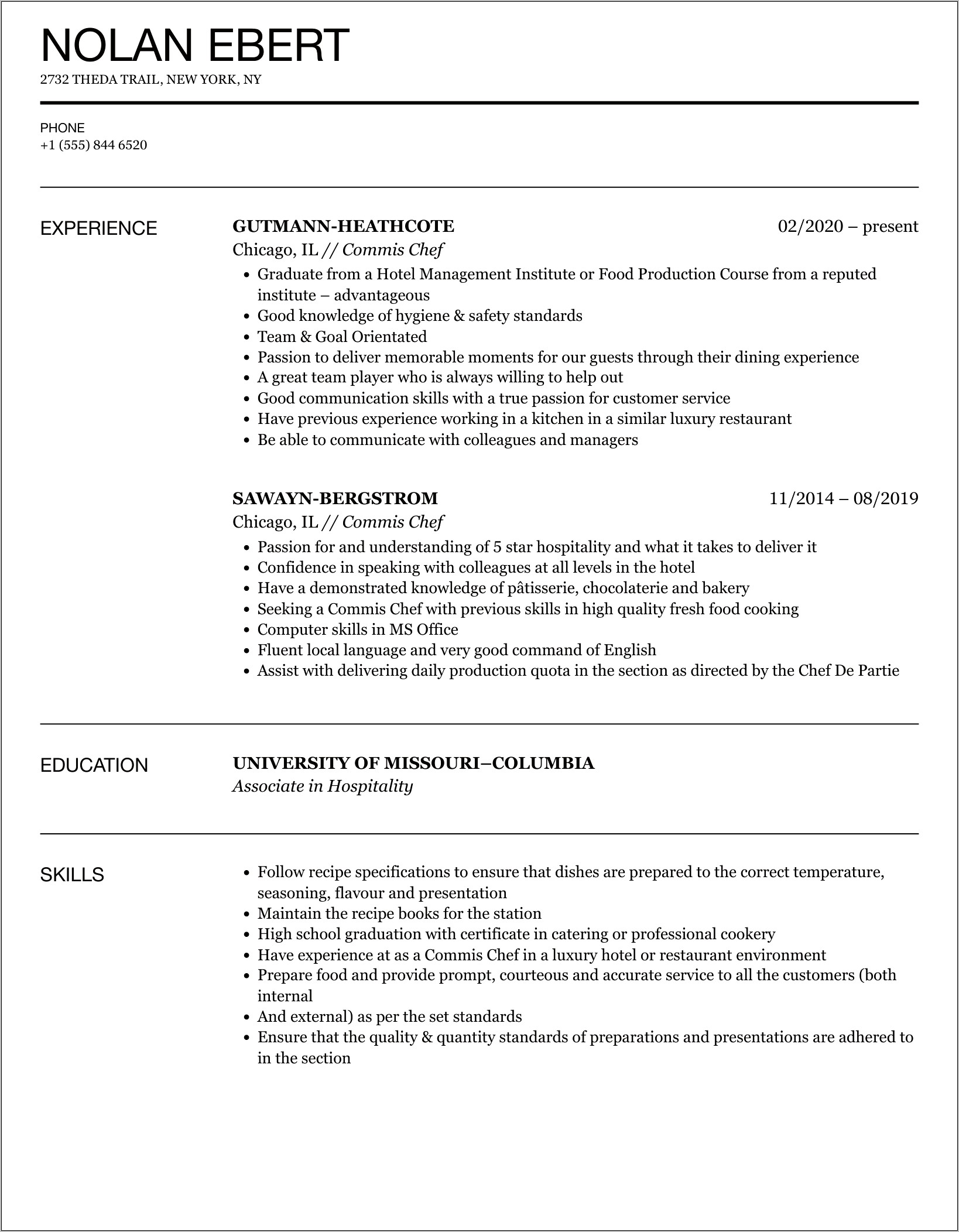 South Indian Chef Resume Sample