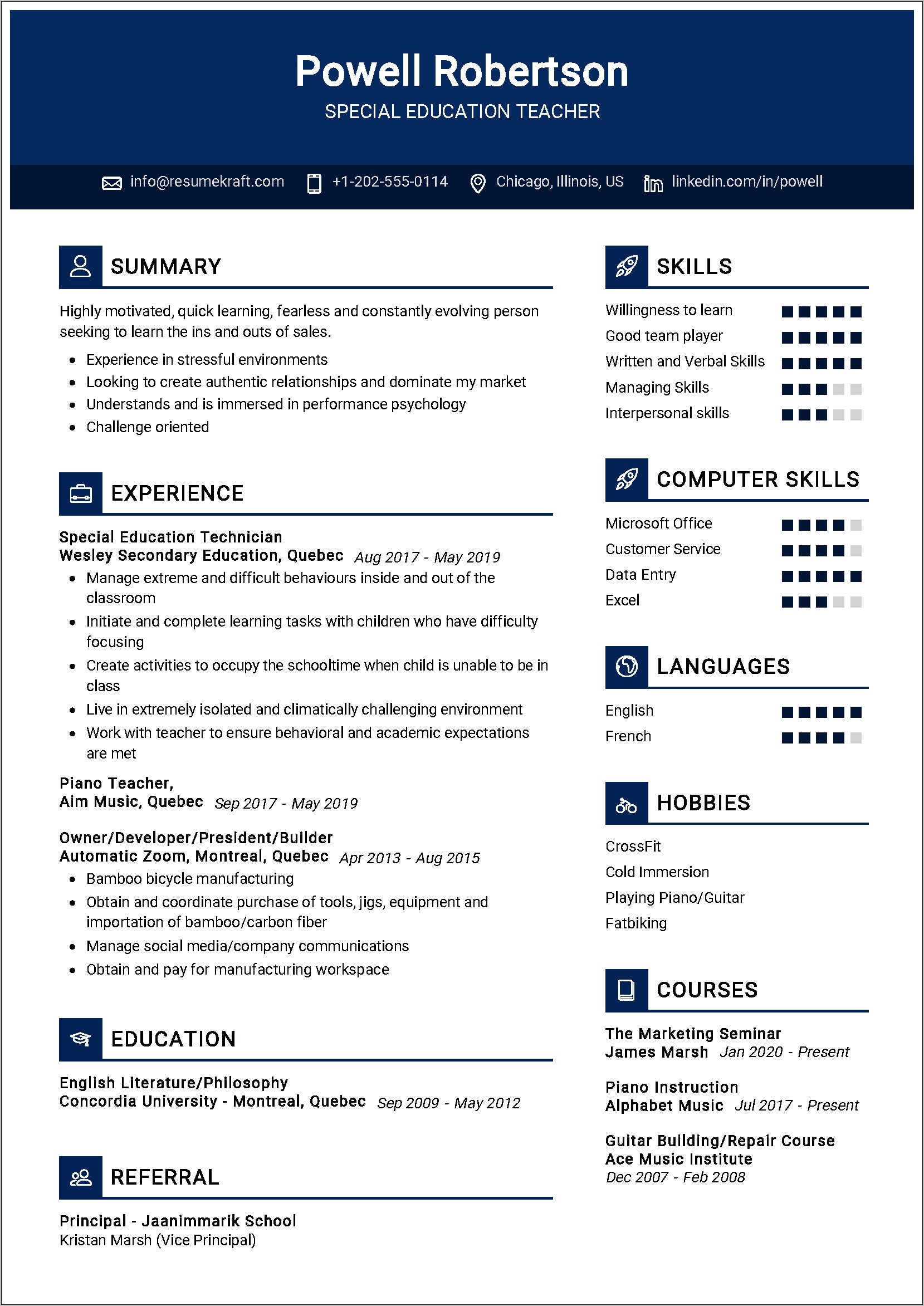 Special Education Additional Skills Resume
