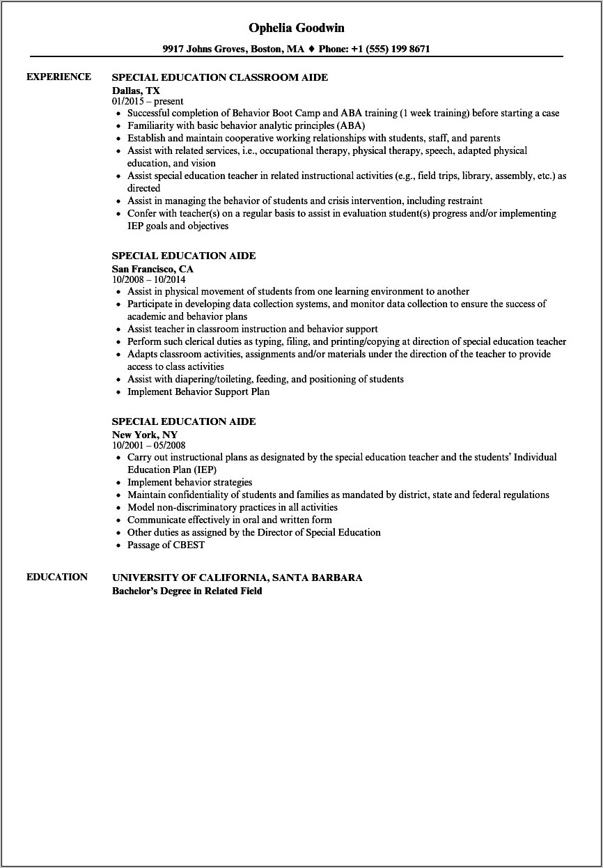 Special Education Assistant Resume Samples