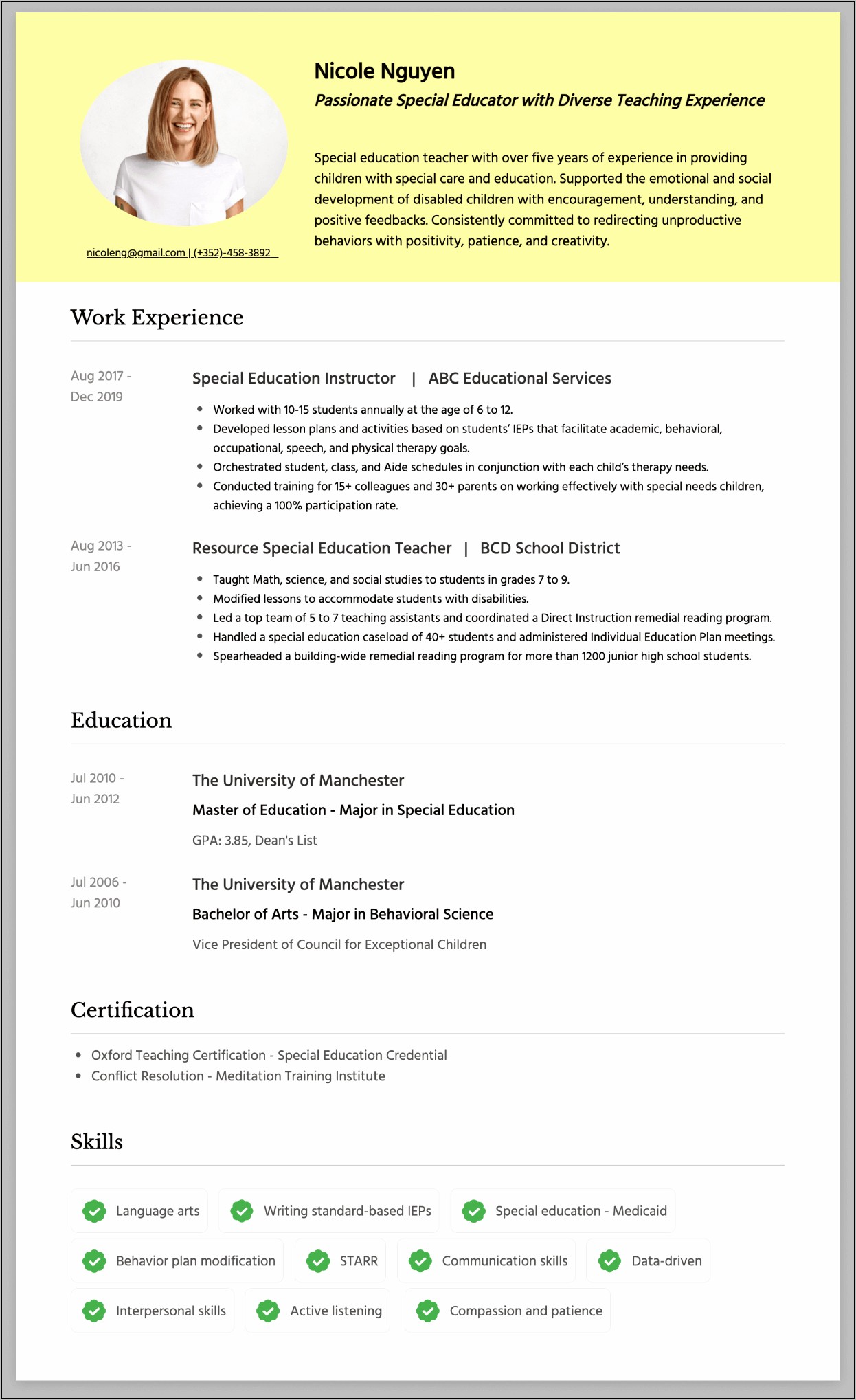 Special Education Resume Objective Sample