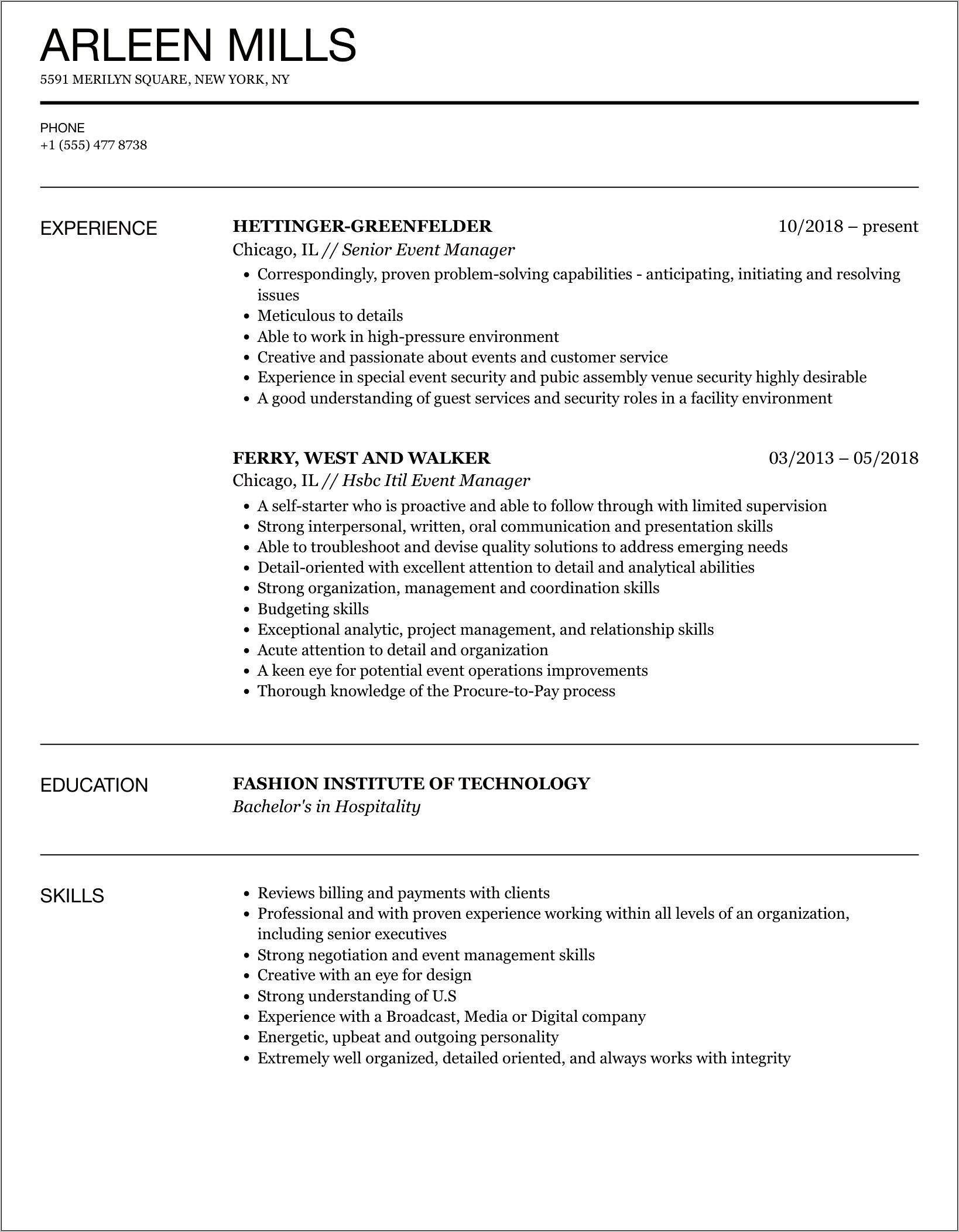 Special Events Manager Resume Example