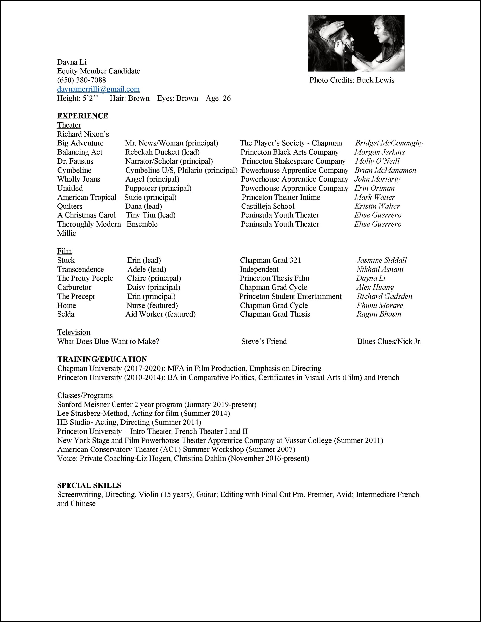Special Skills For Theatre Resume