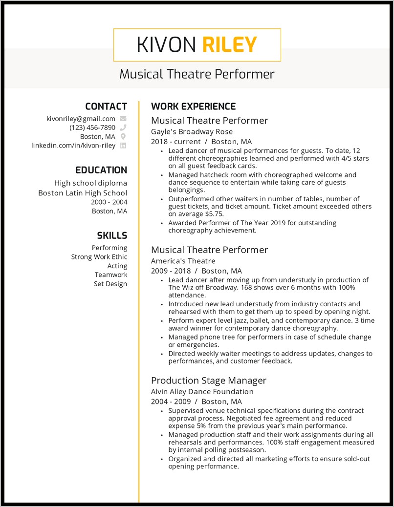 Special Skills Musical Theatre Resume