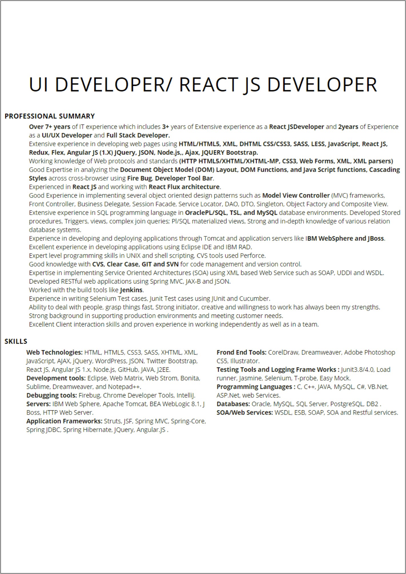 Spring Java Developer Resume Sample