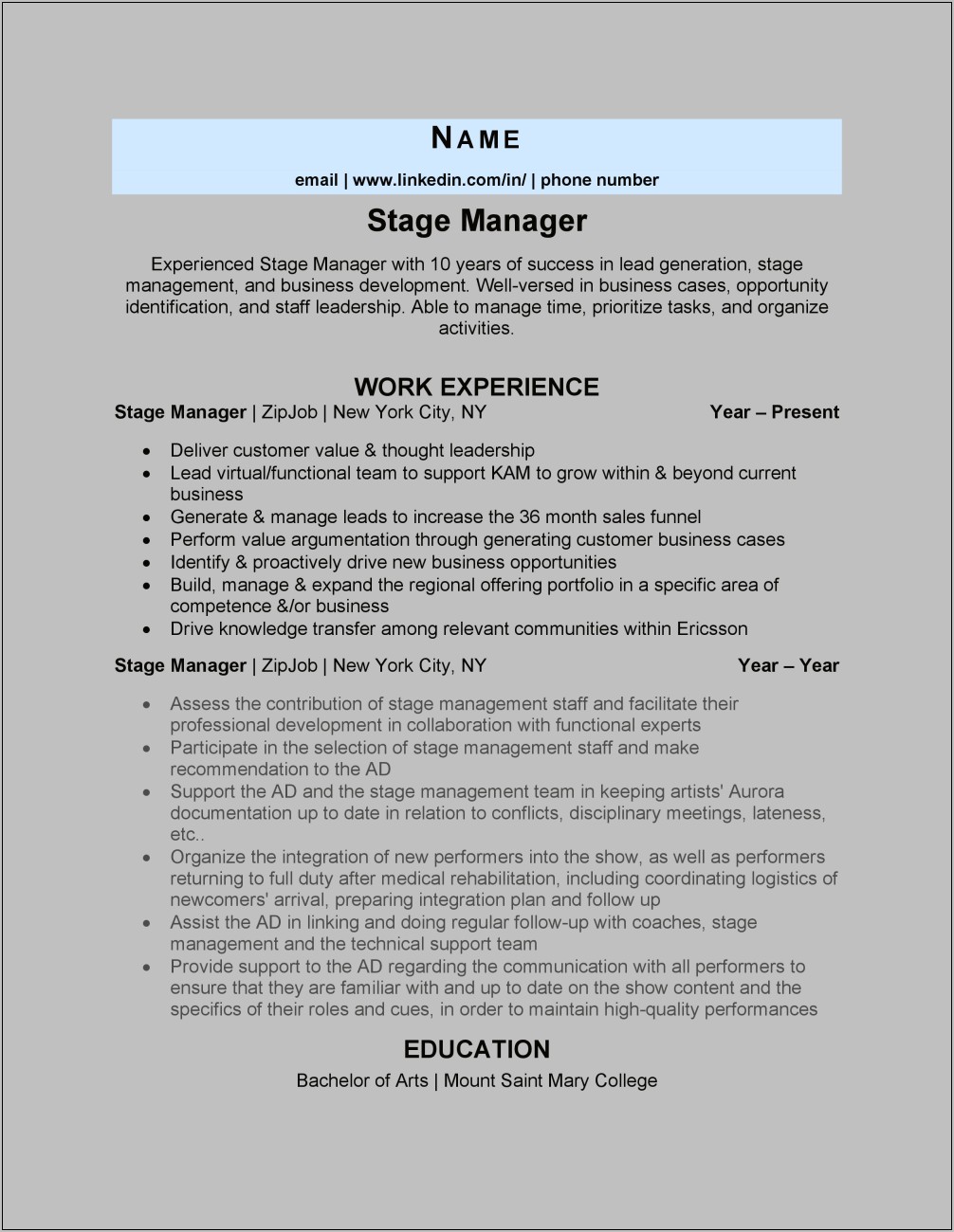 Stage Manager Resume Skills Summary