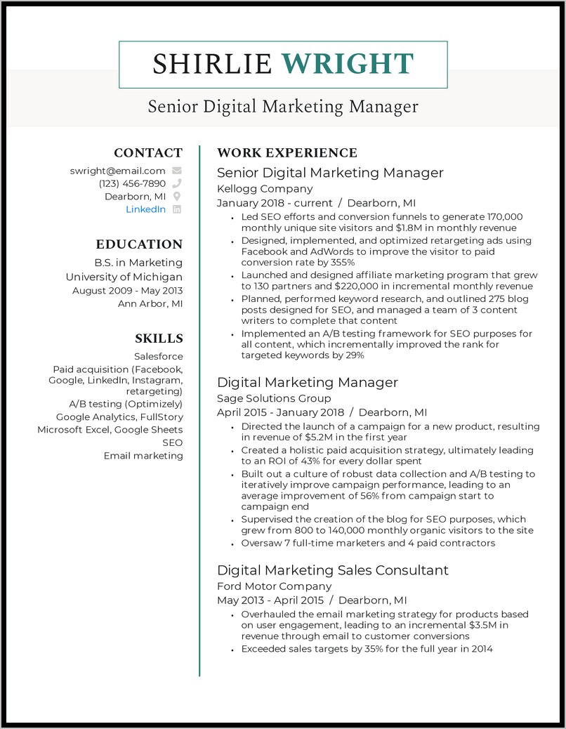 Start Up Marketing Manager Resume