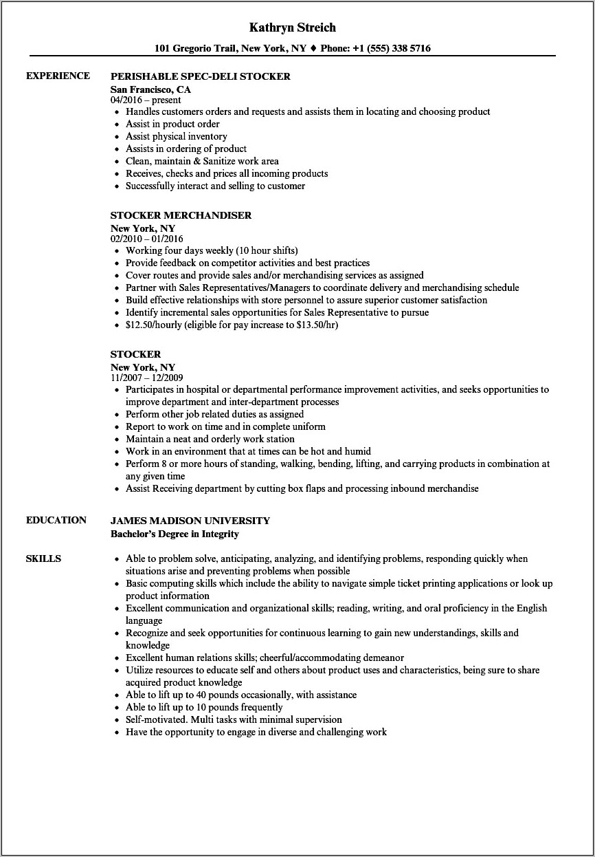 Stocker Job Description Resume Sample